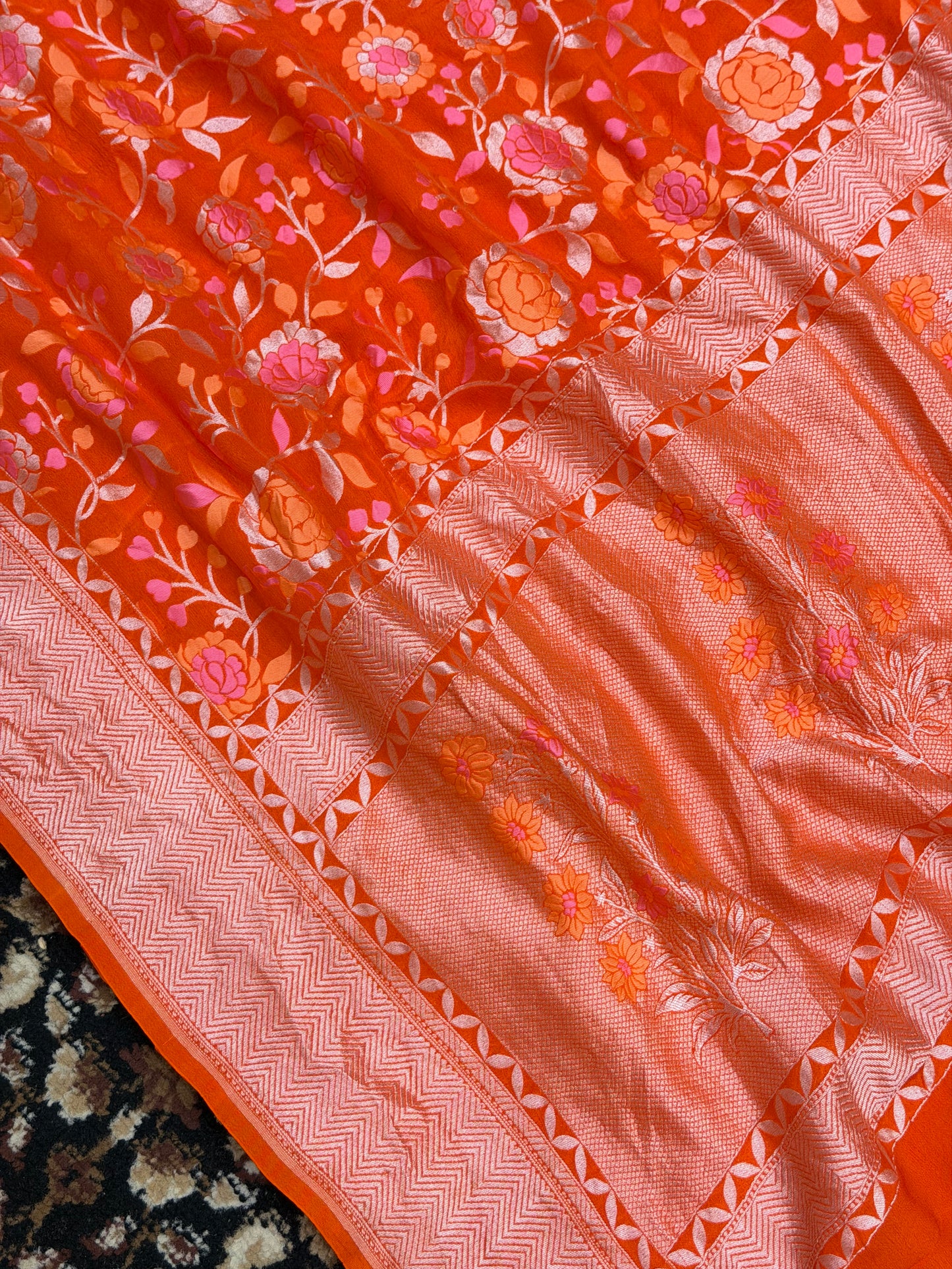 Fanta Color Khaddi Georgette Tilfi Meenakari Banarasi Saree