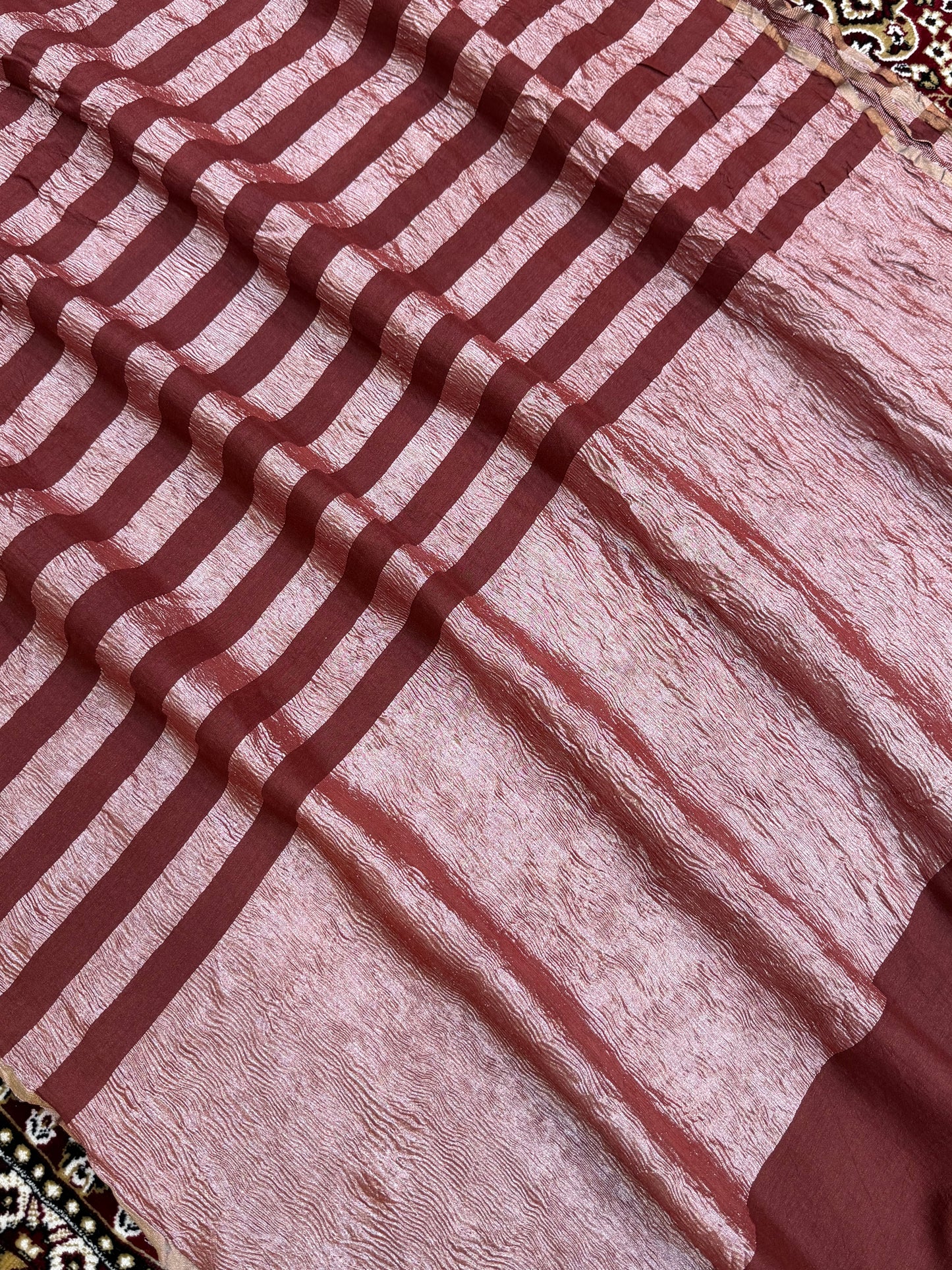 Maroon Color Chiniya Tissue Silk Banarasi Saree with Stripe Design
