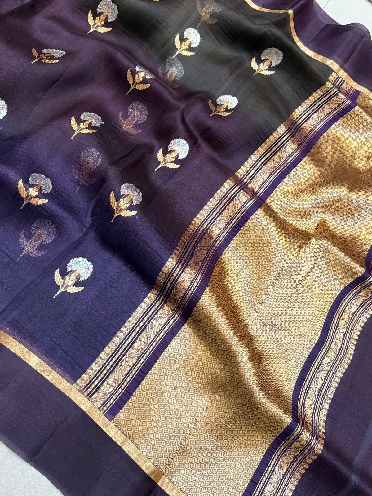 Pure Kora Silk Handloom Banarasi Saree - All Over Kadua Buta