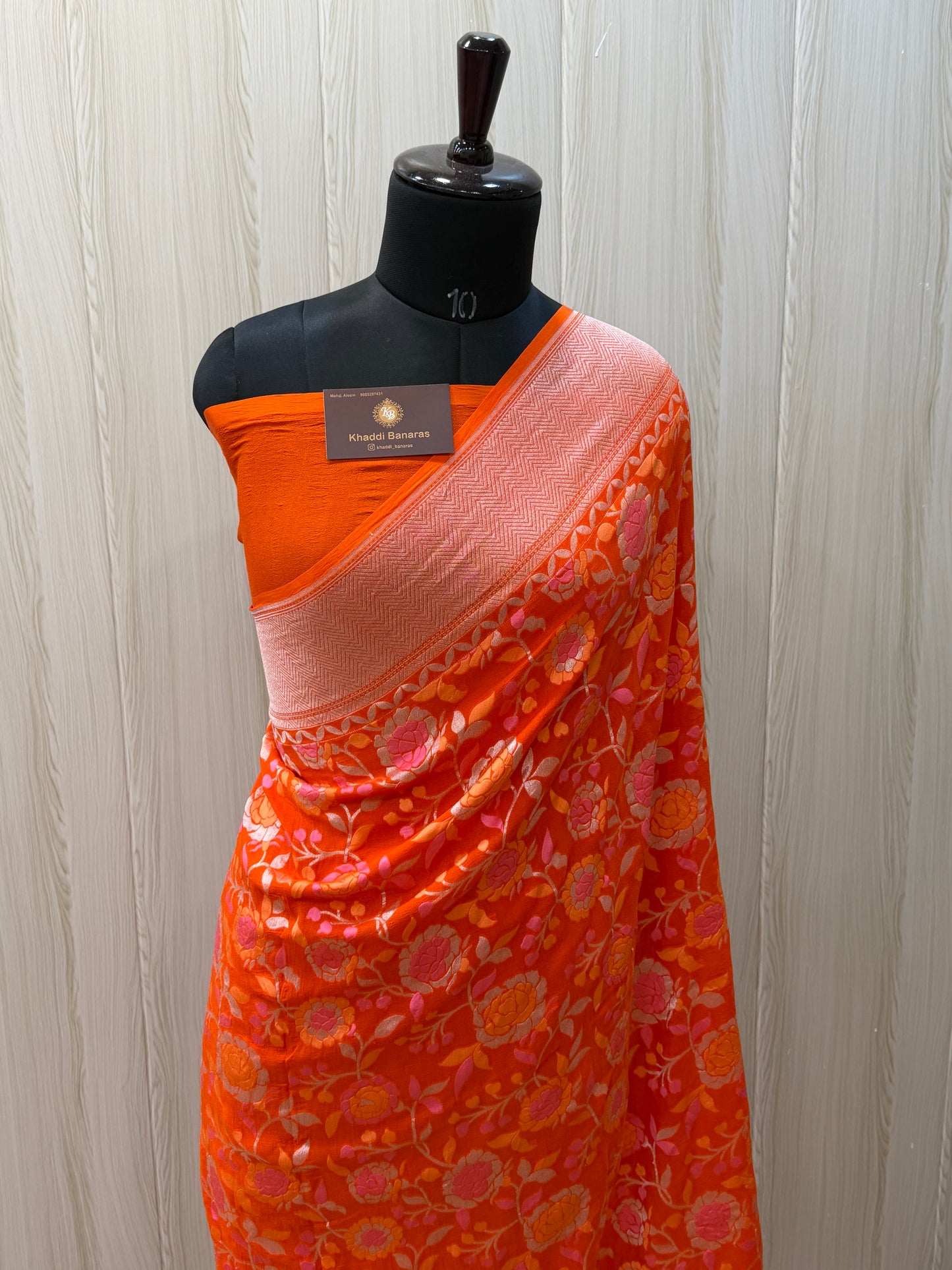Fanta Color Khaddi Georgette Tilfi Meenakari Banarasi Saree