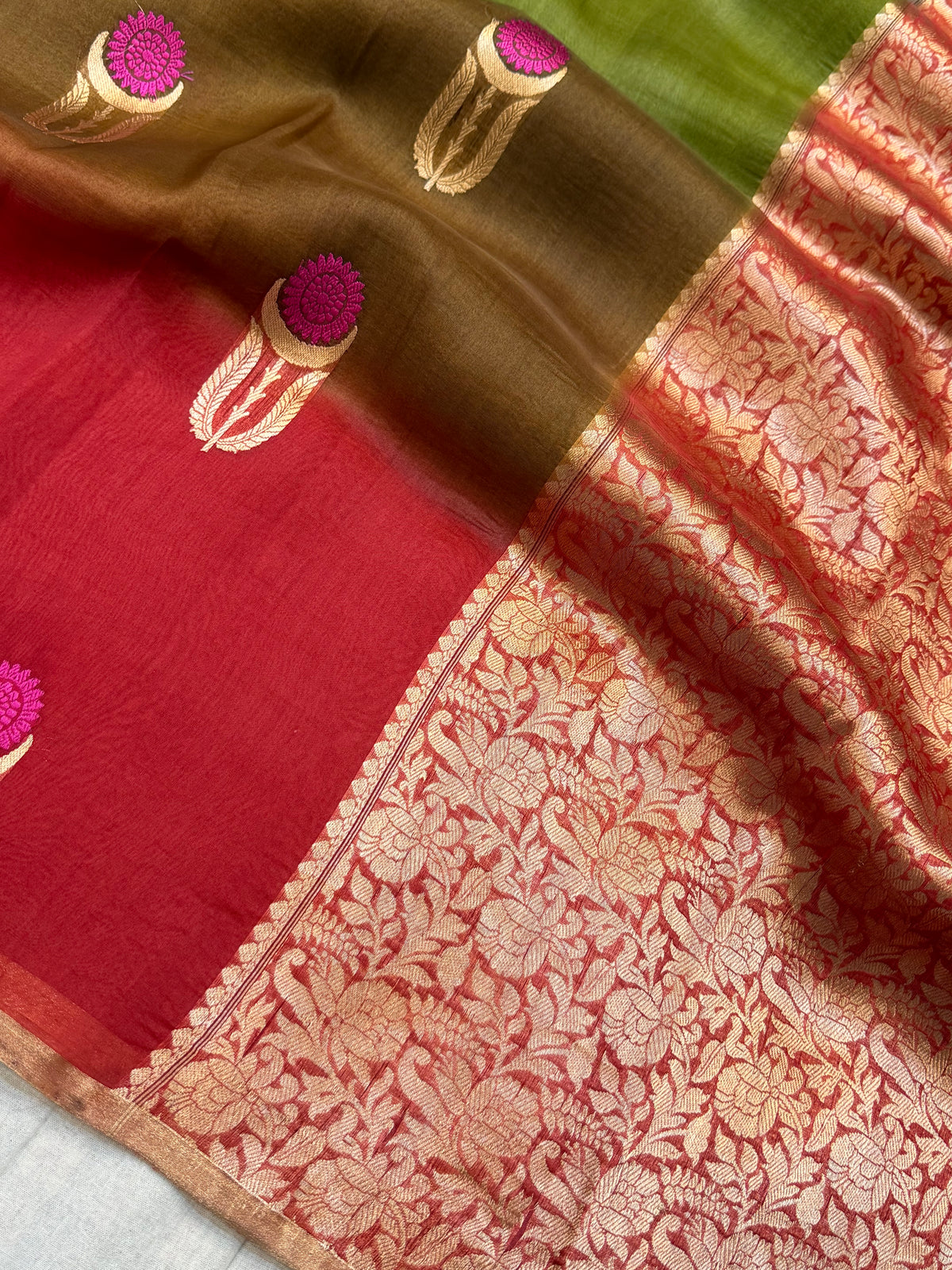 Pure Kora Silk Handloom Banarasi Saree - All Over Kadua Buta