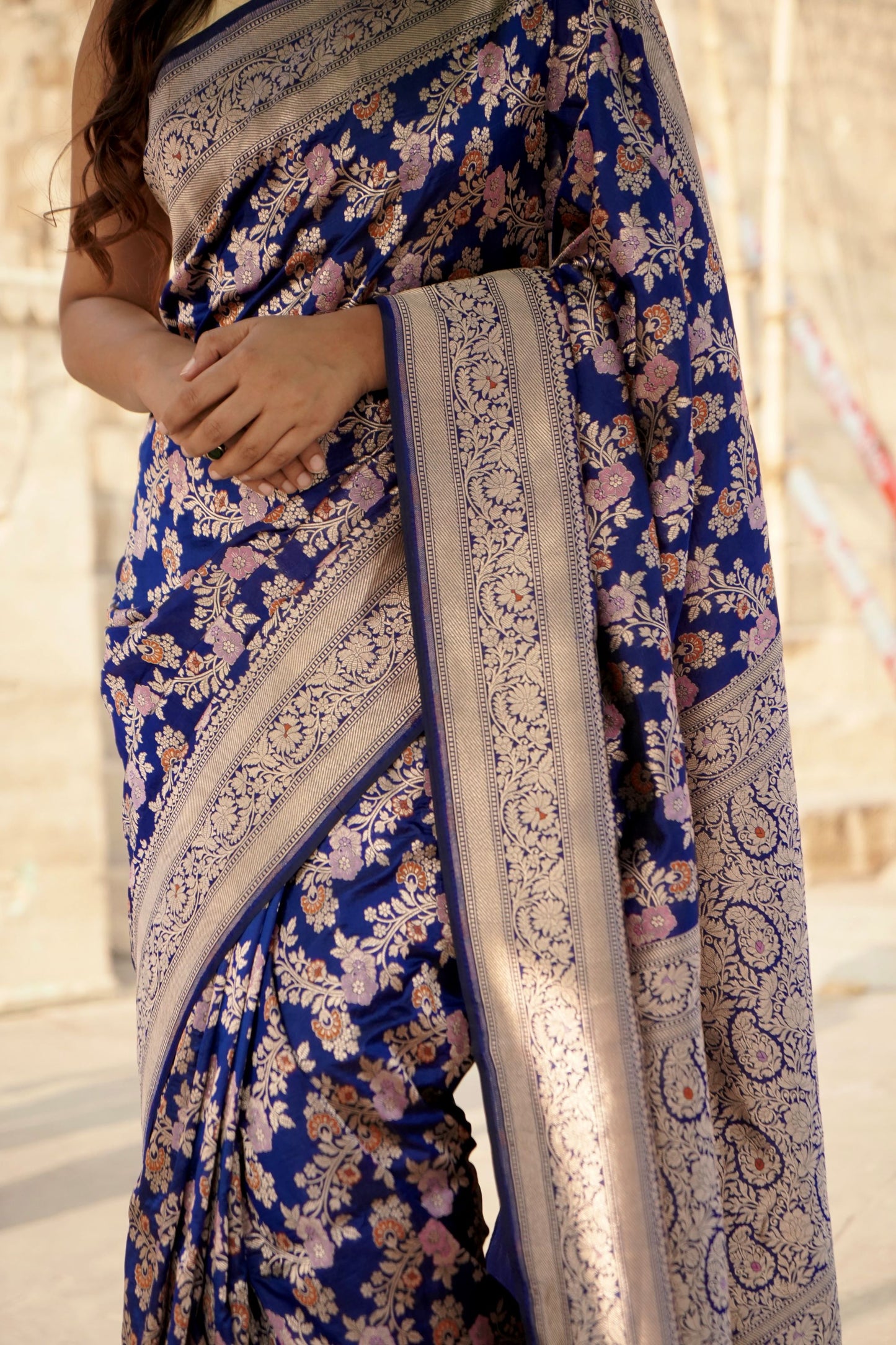 Royal Blue Pure Katan Tilfi Minakari Jangla Saree