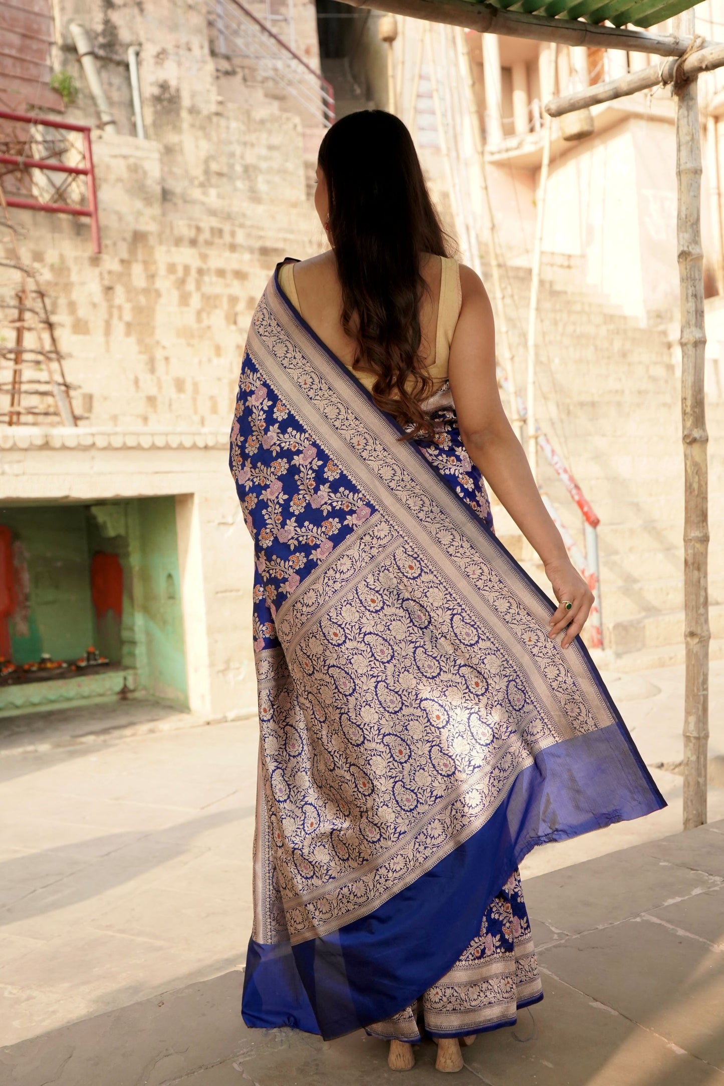 Royal Blue Pure Katan Tilfi Minakari Jangla Saree