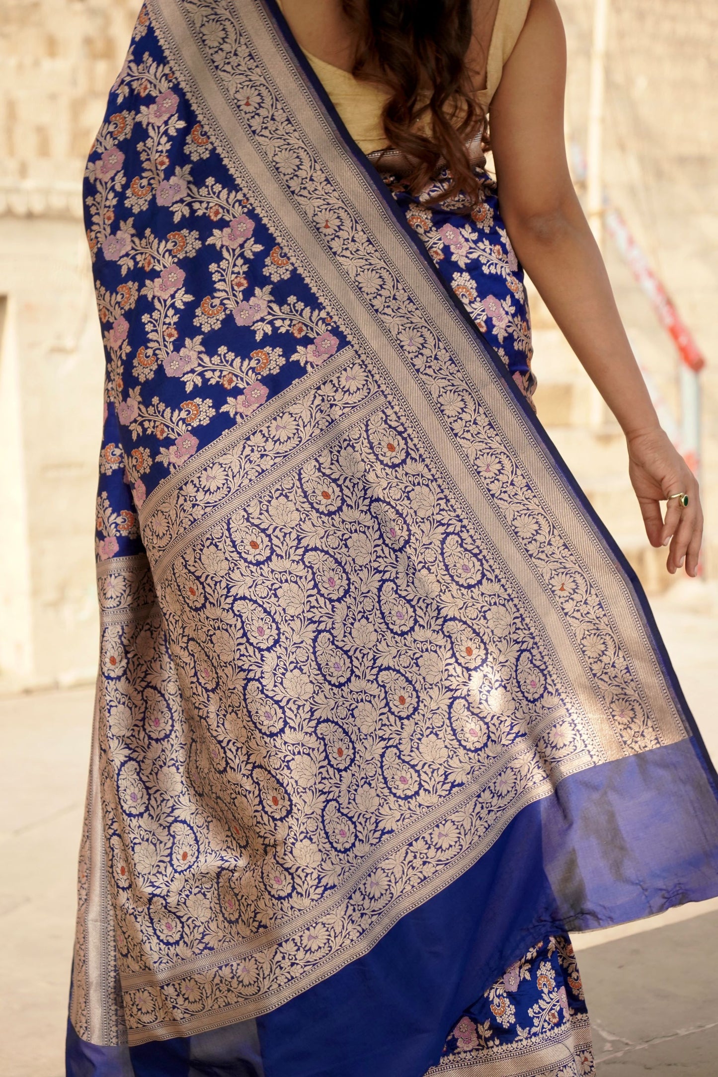 Royal Blue Pure Katan Tilfi Minakari Jangla Saree