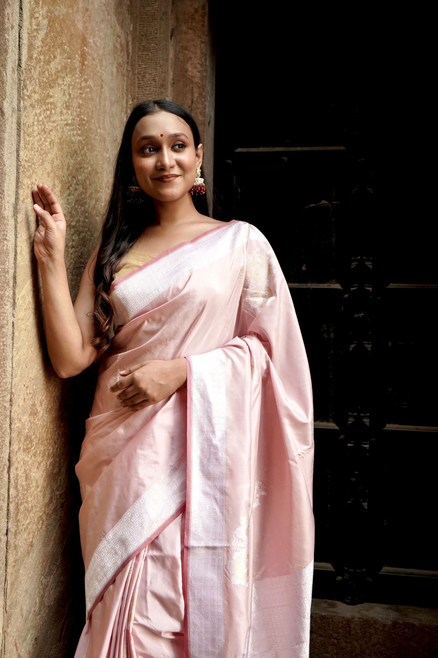 Pure Ektara Katan in Soft Powder Pink Colour with Kadhwa Sona Rupa Motifs Saree