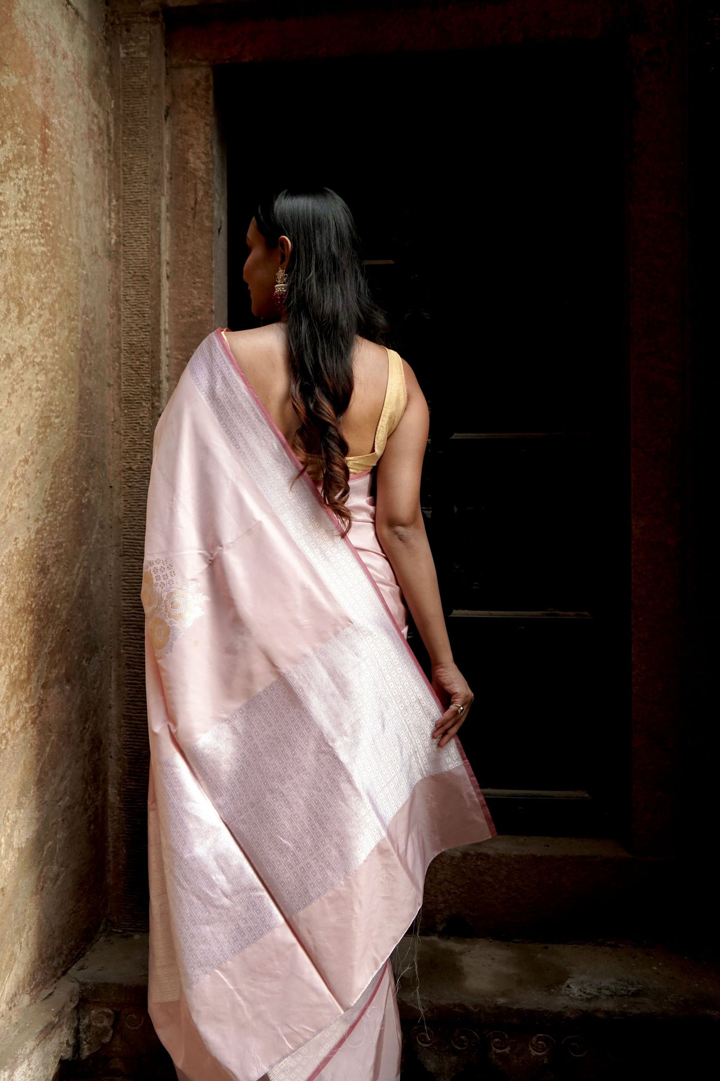 Pure Ektara Katan in Soft Powder Pink Colour with Kadhwa Sona Rupa Motifs Saree
