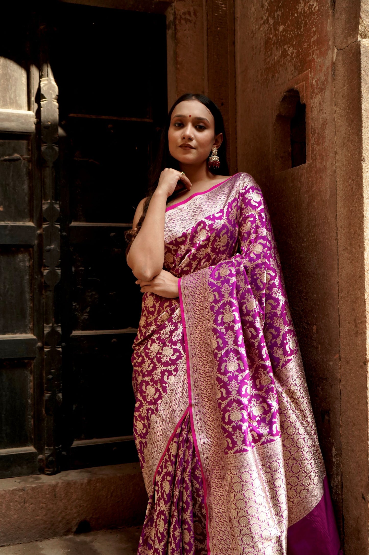 Pure Katan Jangla Allover Gold Zari Jaal Saree