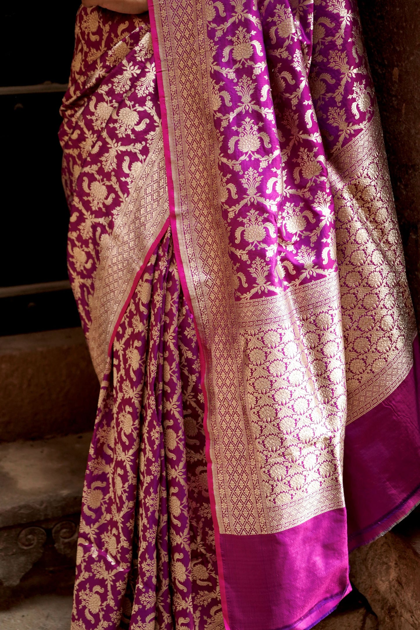 Pure Katan Jangla Allover Gold Zari Jaal Saree