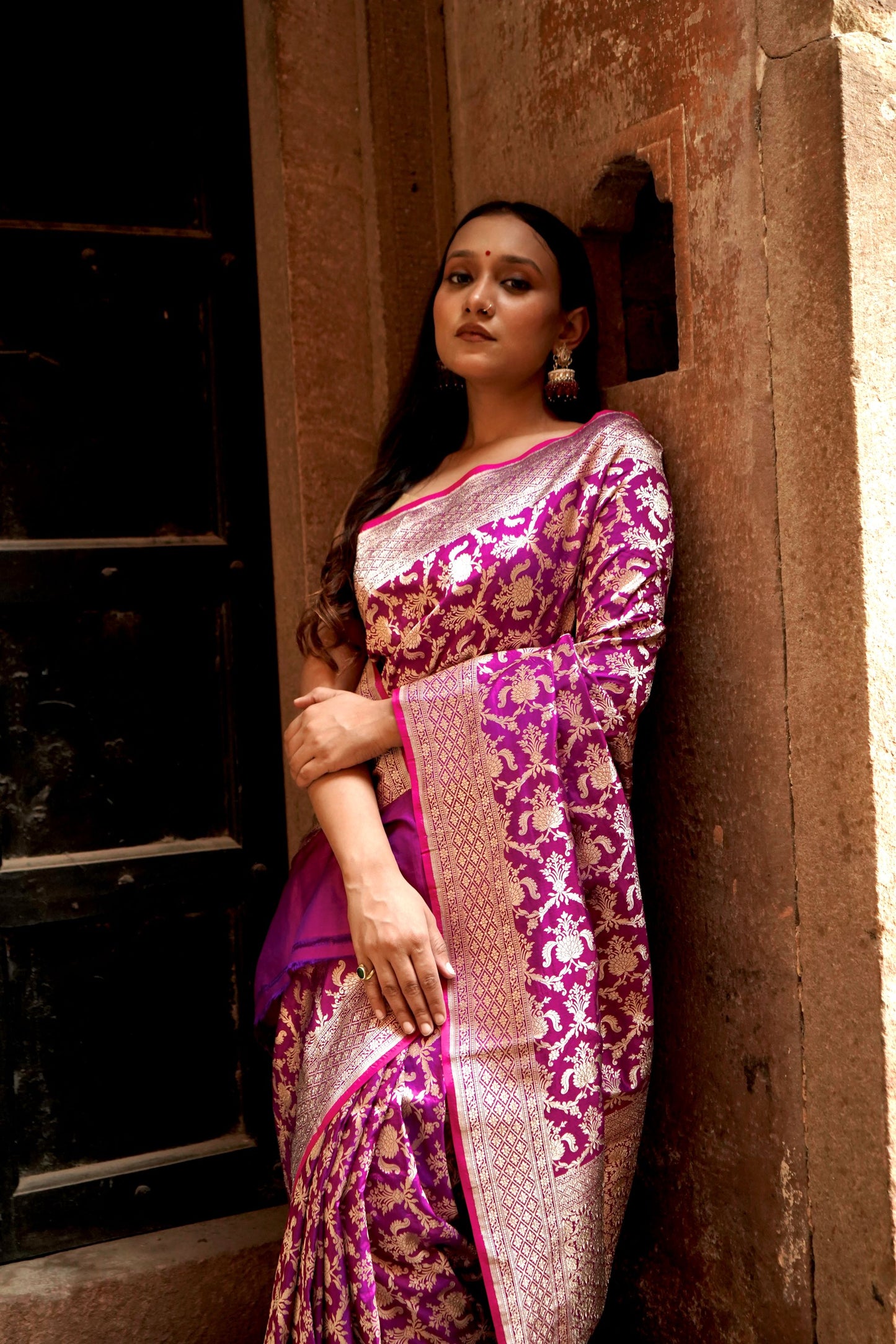 Pure Katan Jangla Allover Gold Zari Jaal Saree