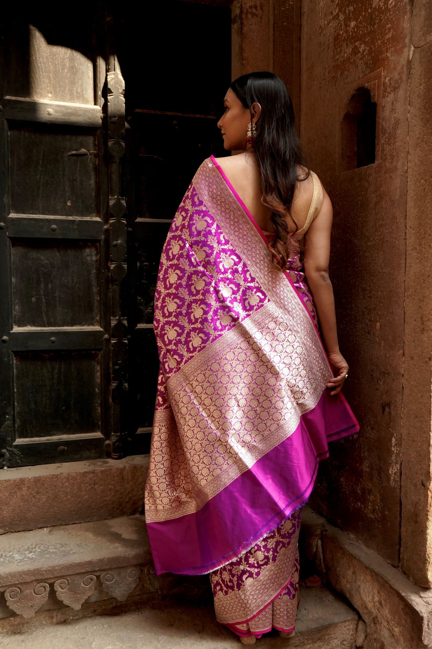Pure Katan Jangla Allover Gold Zari Jaal Saree