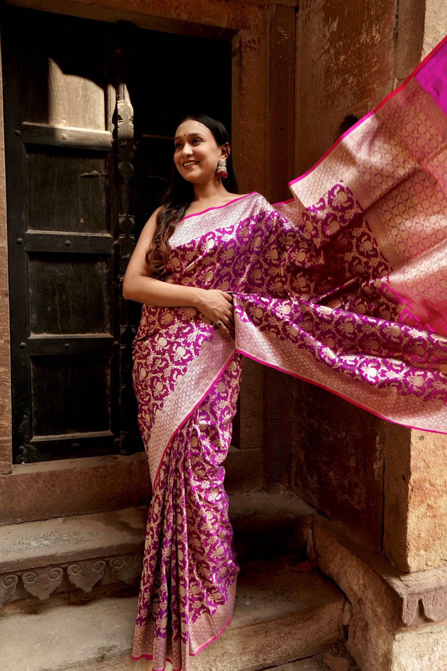 Pure Katan Jangla Allover Gold Zari Jaal Saree