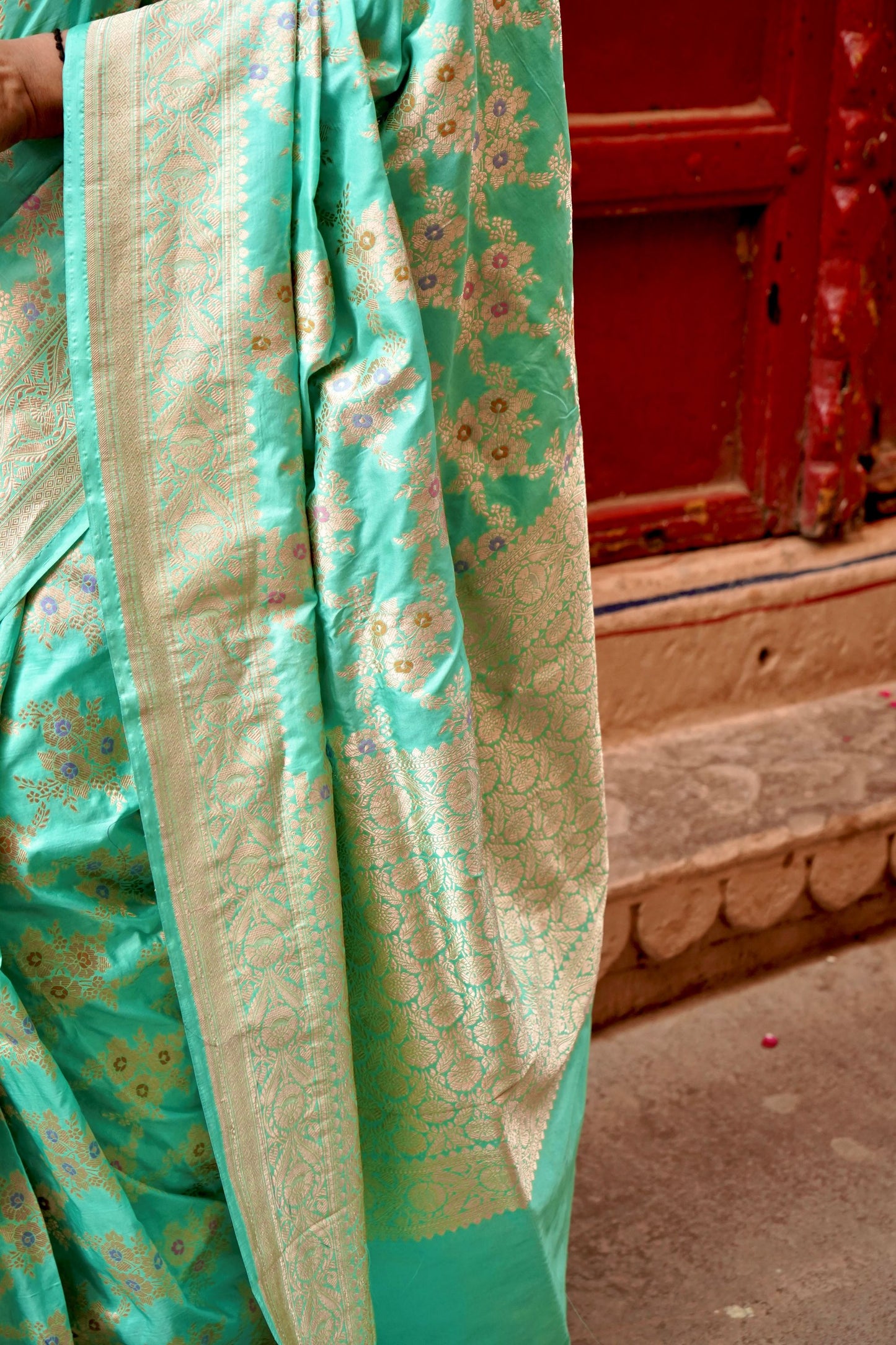 Pure Katan Jangla Allover Gold Zari Jaal with Soft Powder Blue Colour with Tilfi Minakari Work Saree