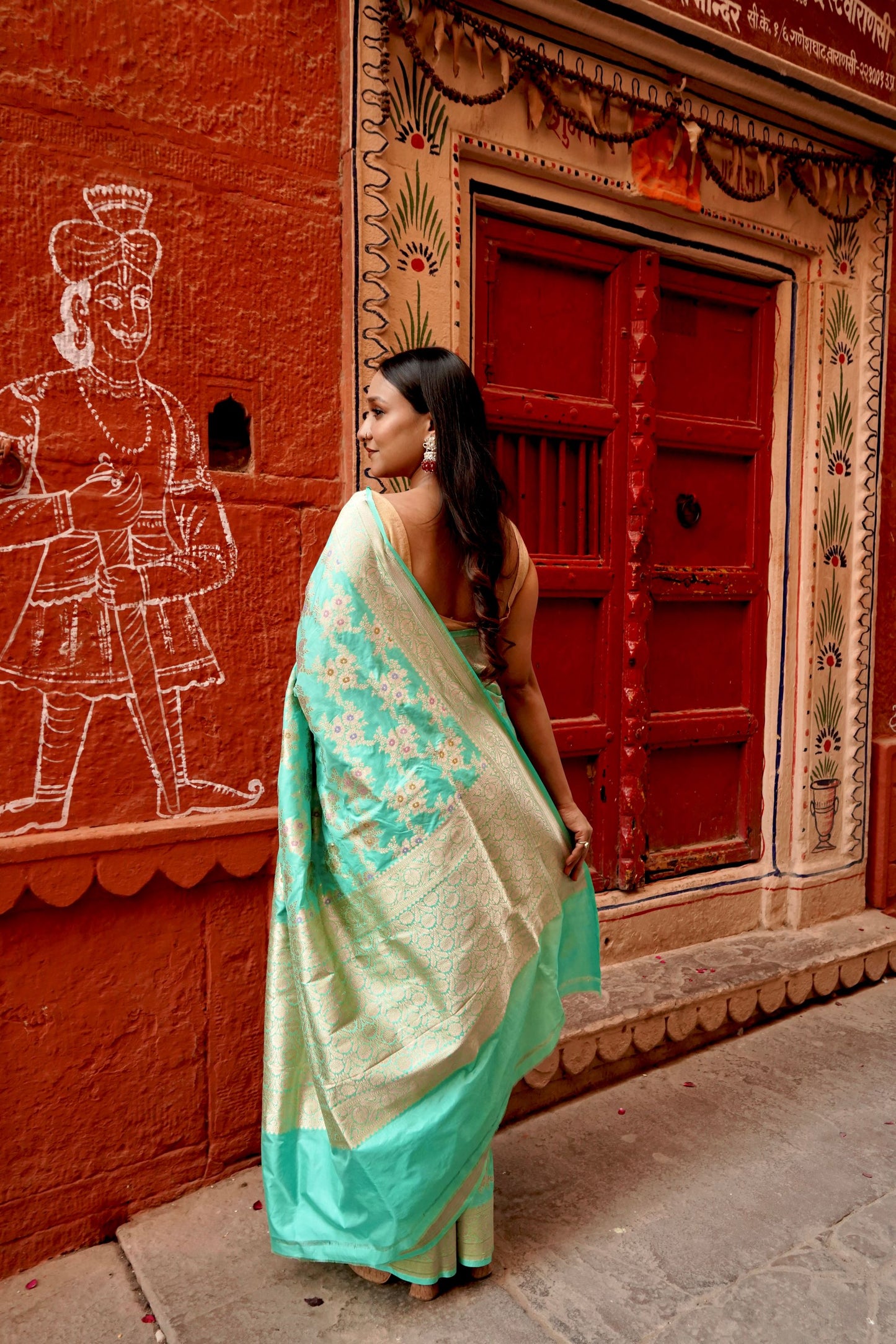 Pure Katan Jangla Allover Gold Zari Jaal with Soft Powder Blue Colour with Tilfi Minakari Work Saree