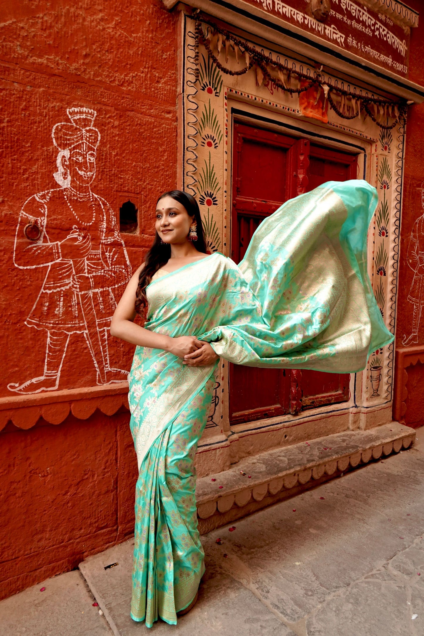 Pure Katan Jangla Allover Gold Zari Jaal with Soft Powder Blue Colour with Tilfi Minakari Work Saree