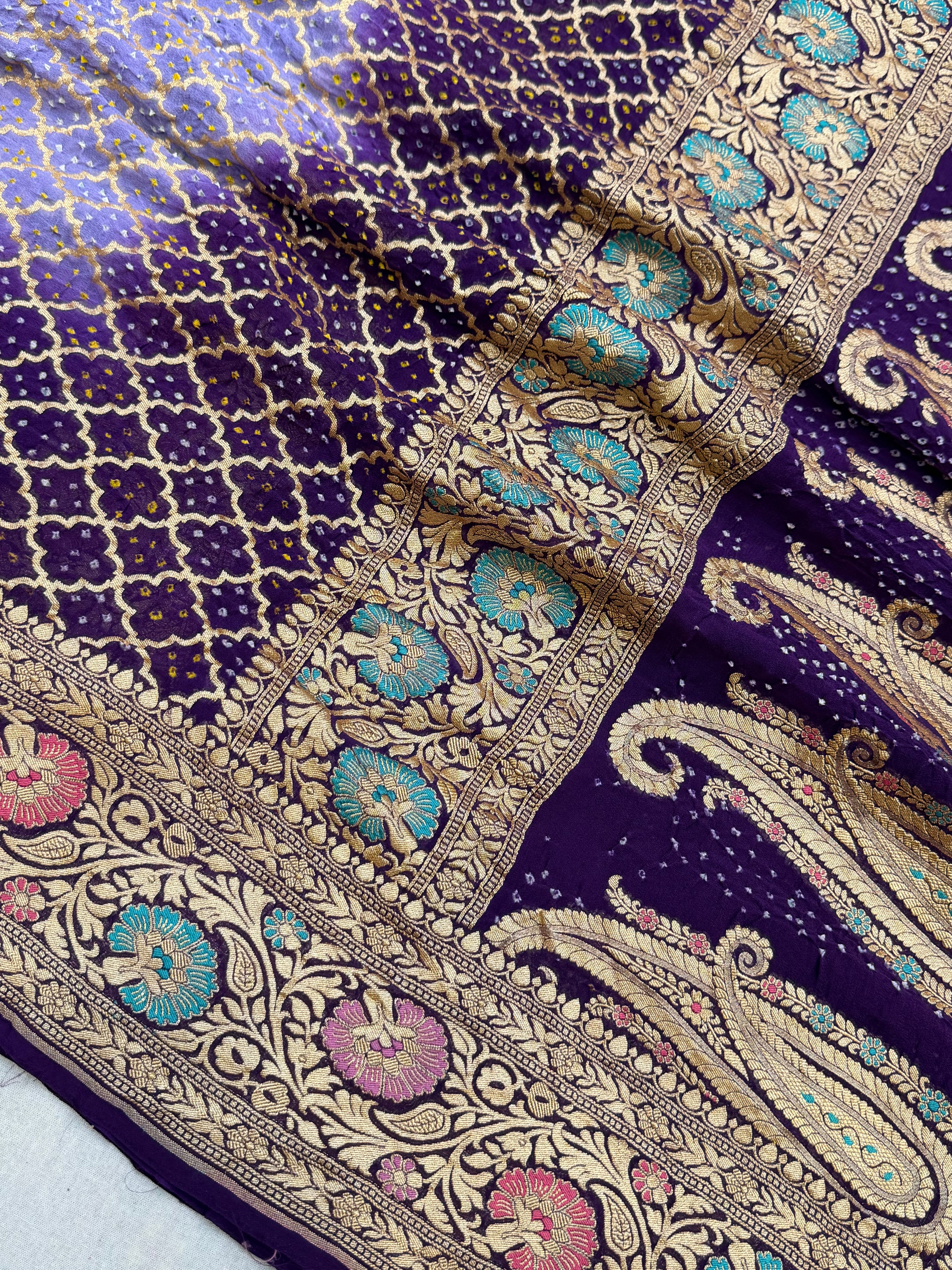 Pure Georgette Banarasi Bandhej Handloom Saree - Meenakari