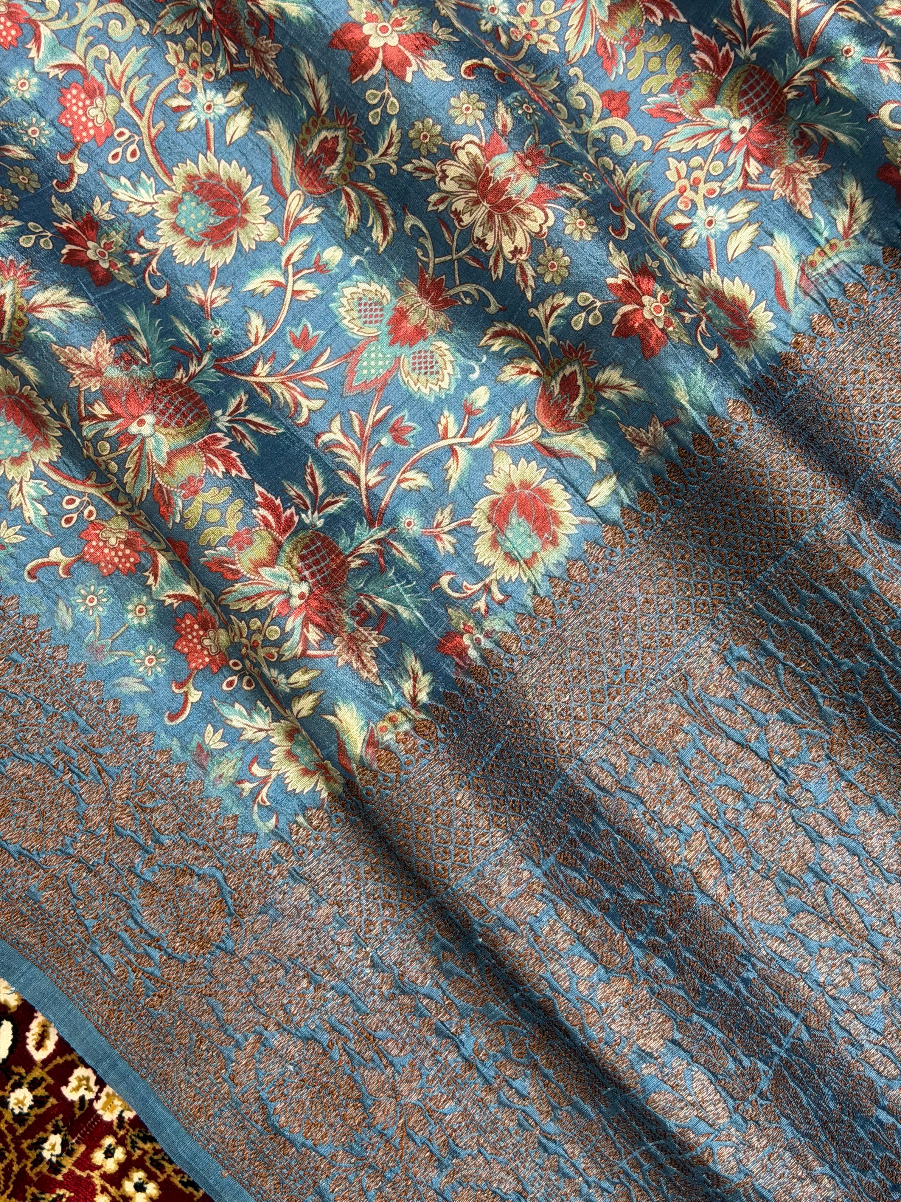 Aqua Blue Color Pure Raw Silk Handloom Banarasi Saree with Digital Print