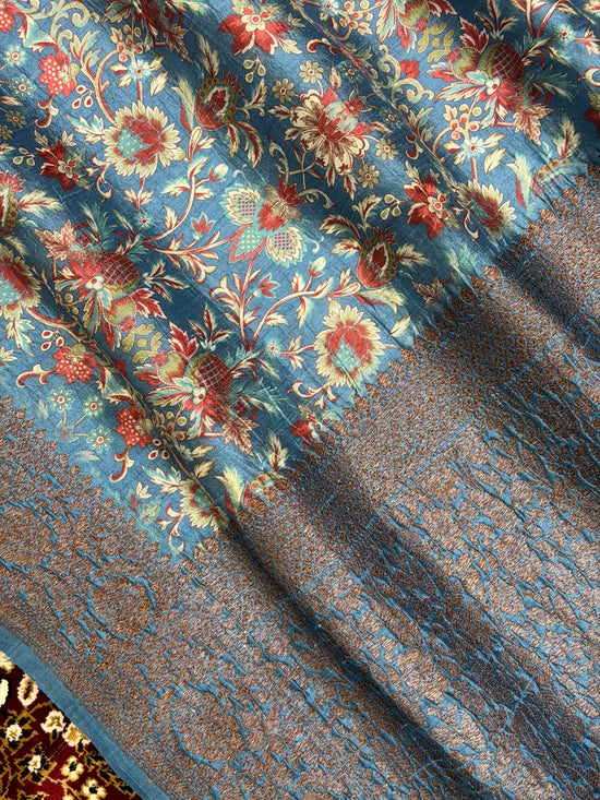 Aqua Blue Color Pure Raw Silk Handloom Banarasi Saree with Digital Print