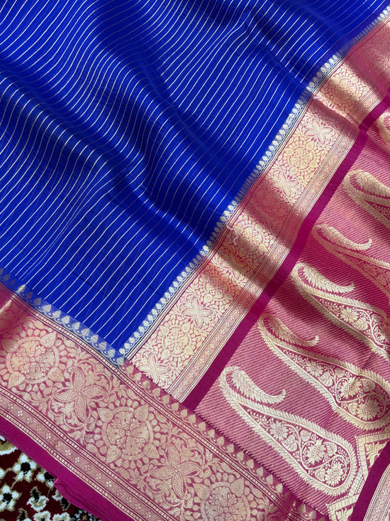 Royal Blue Color Pure Organza Handloom Banarasi Saree - All Over Stripe Design