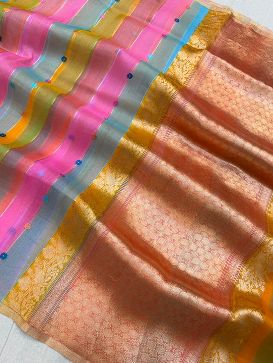 Multi Color Pure Kora Silk Handloom Banarasi Saree - All Over Buti Jaal Work