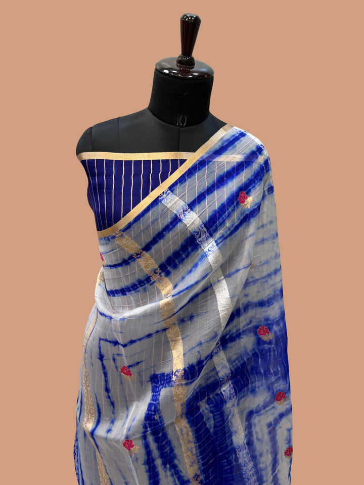 Royal Blue Color Pure Organza Handloom Banarasi Saree with Japanese Shibori Dye