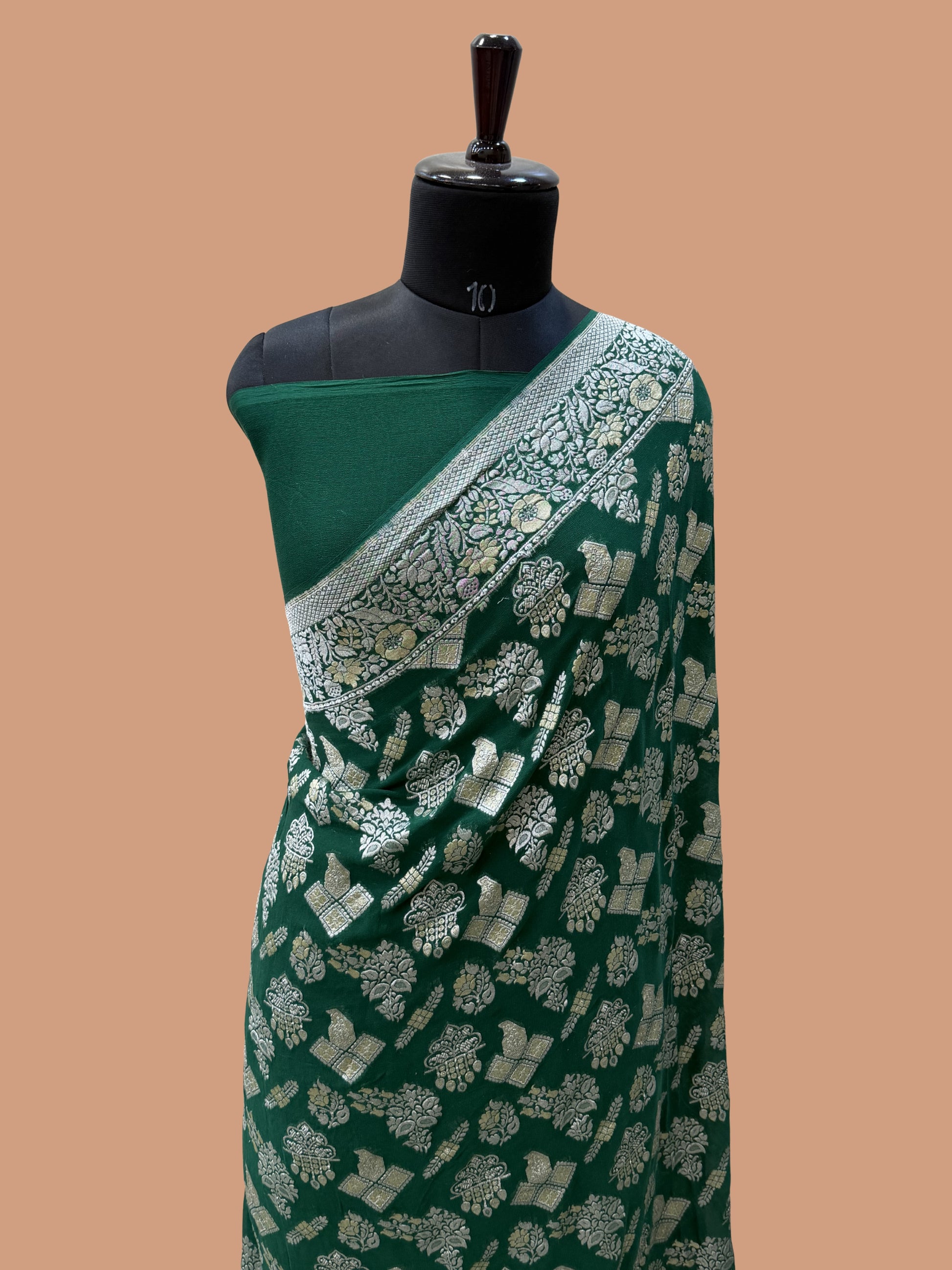 Green Color Khaddi Georgette Banarasi Saree - All Over Silver Jari Work