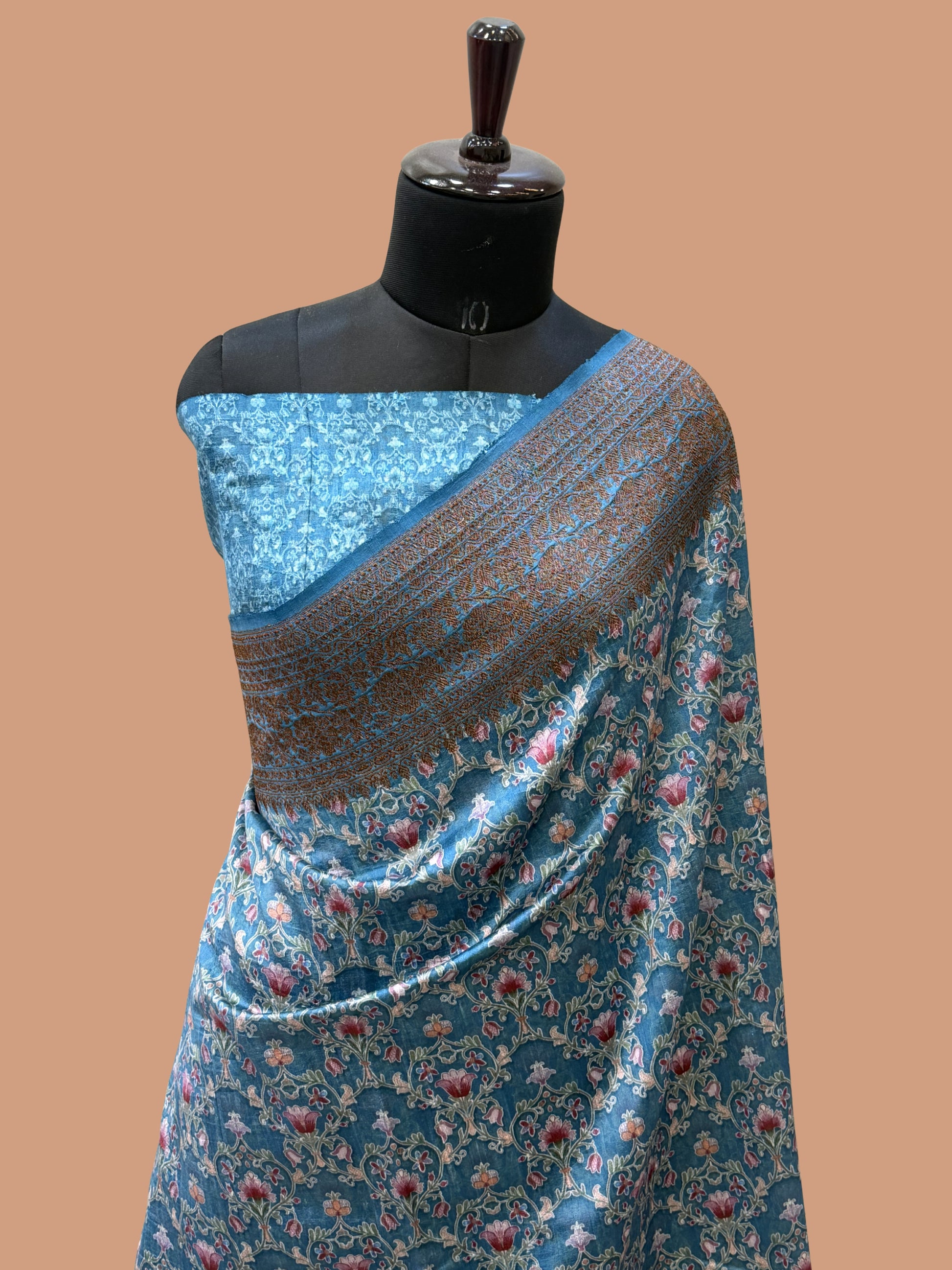 Aqua Blue Color Pure Raw Silk Handloom Banarasi Saree with Digital Print