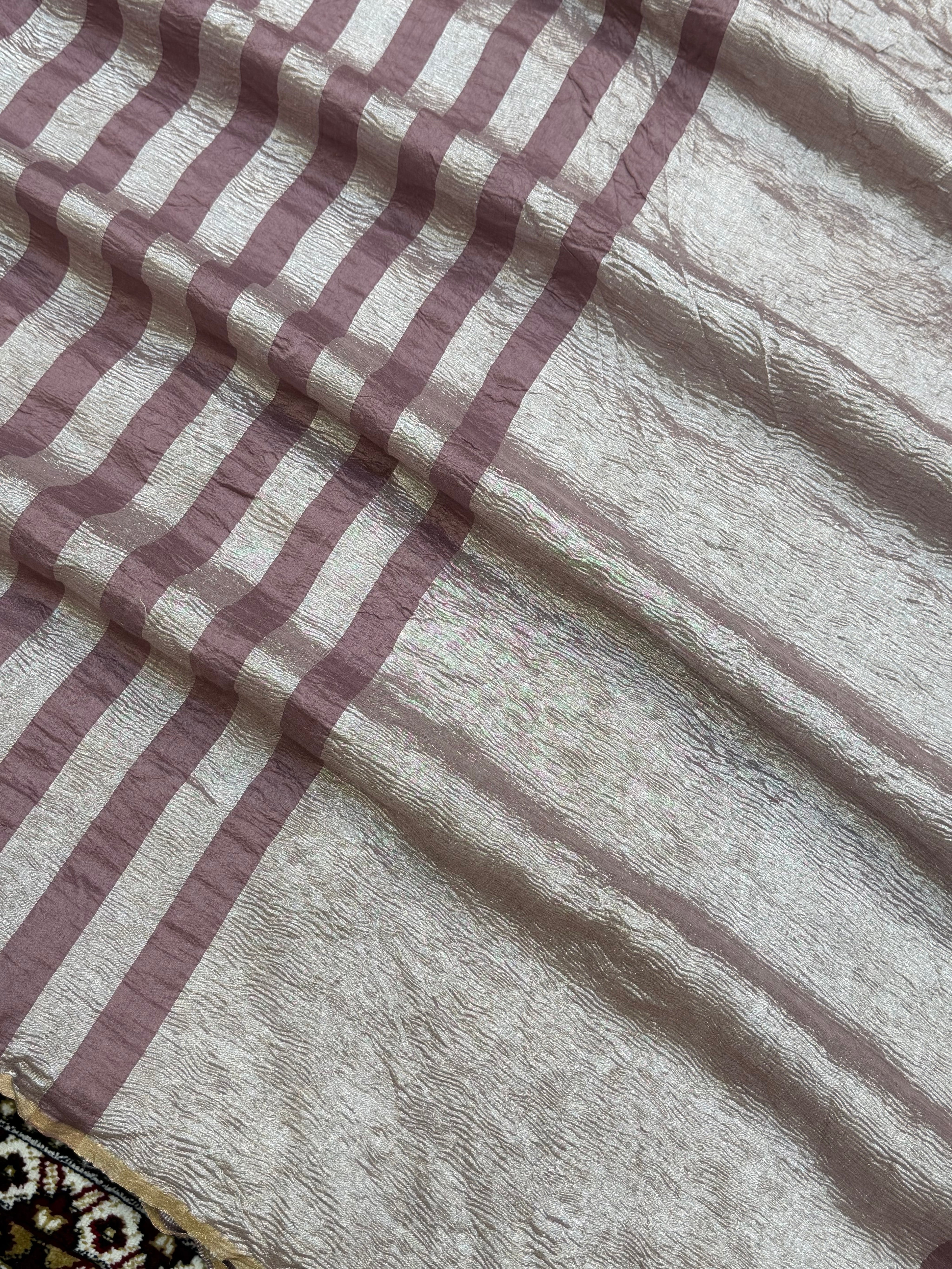 Dusty Pink Color Chiniya Tissue  Silk Banarasi Saree with Stripe Design