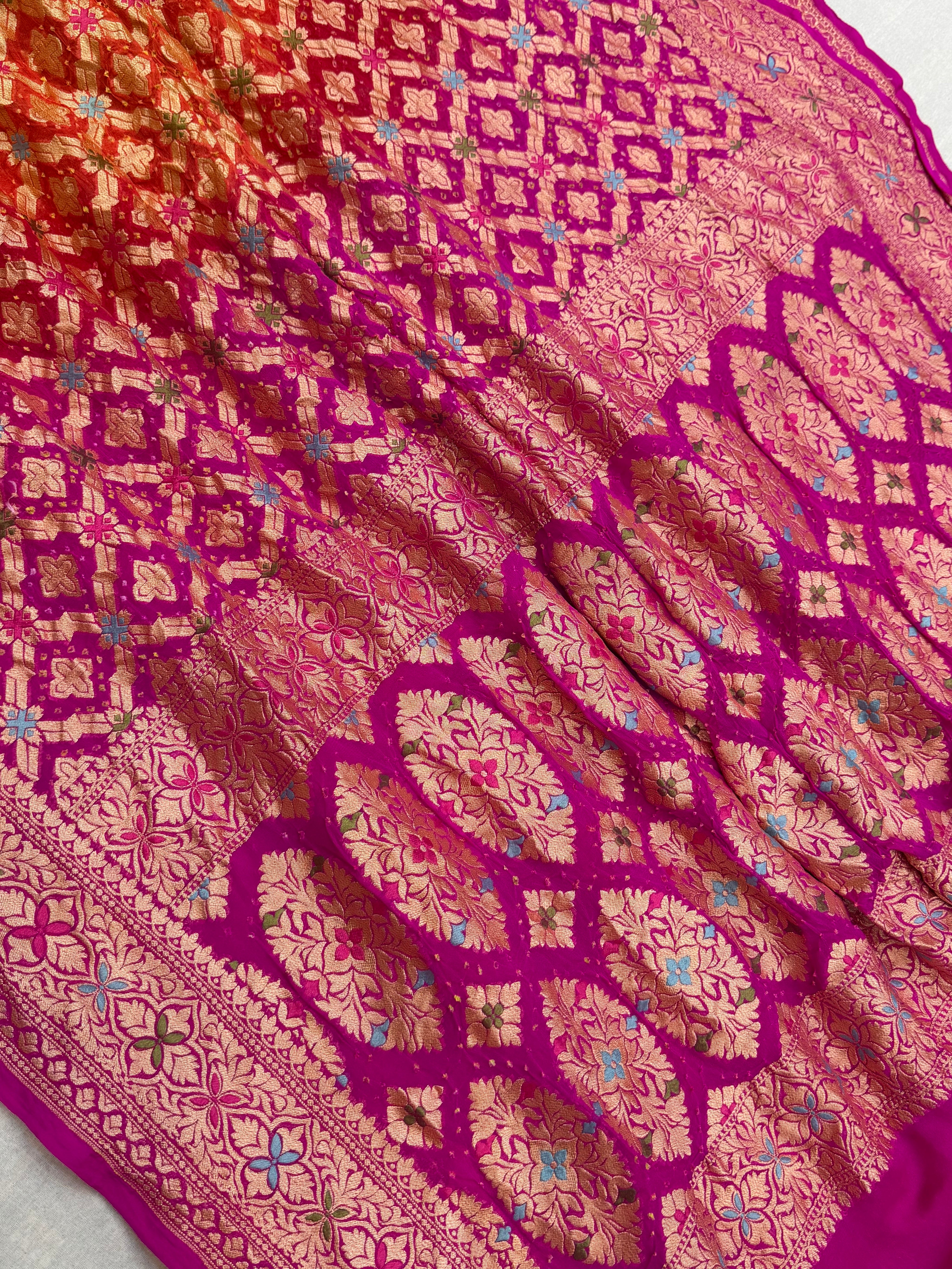 Pure Georgette Banarasi Bandhej Handloom Saree - Meenakari
