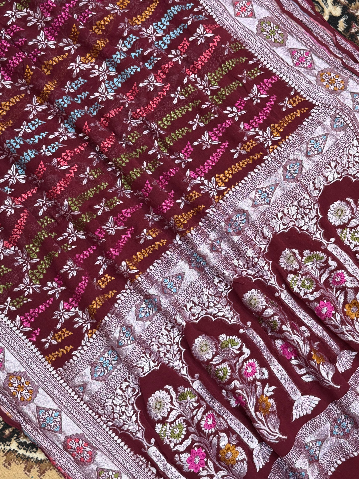 Wine Color Khaddi Georgette Banarasi Saree - All Over Trading Work with Tilfi Meenakari