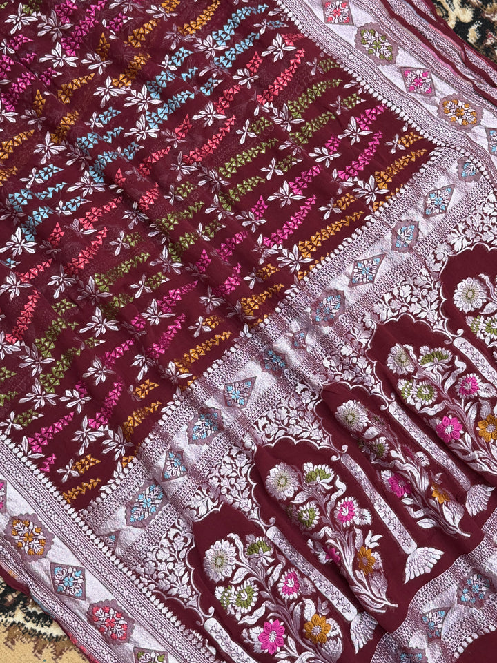 Wine Color Khaddi Georgette Banarasi Saree - All Over Trading Work with Tilfi Meenakari