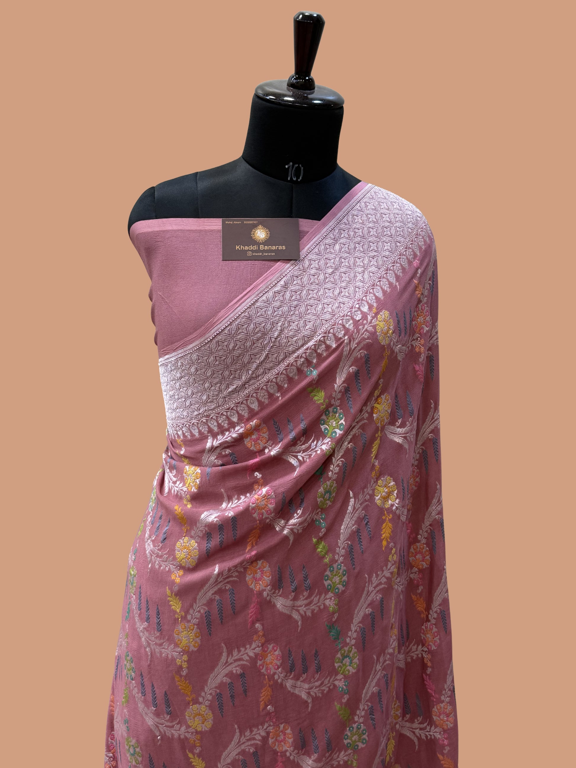 Dusty Rose Khaddi Georgette Banarasi Saree All Over Leherya Work with Tilfi Meenakari