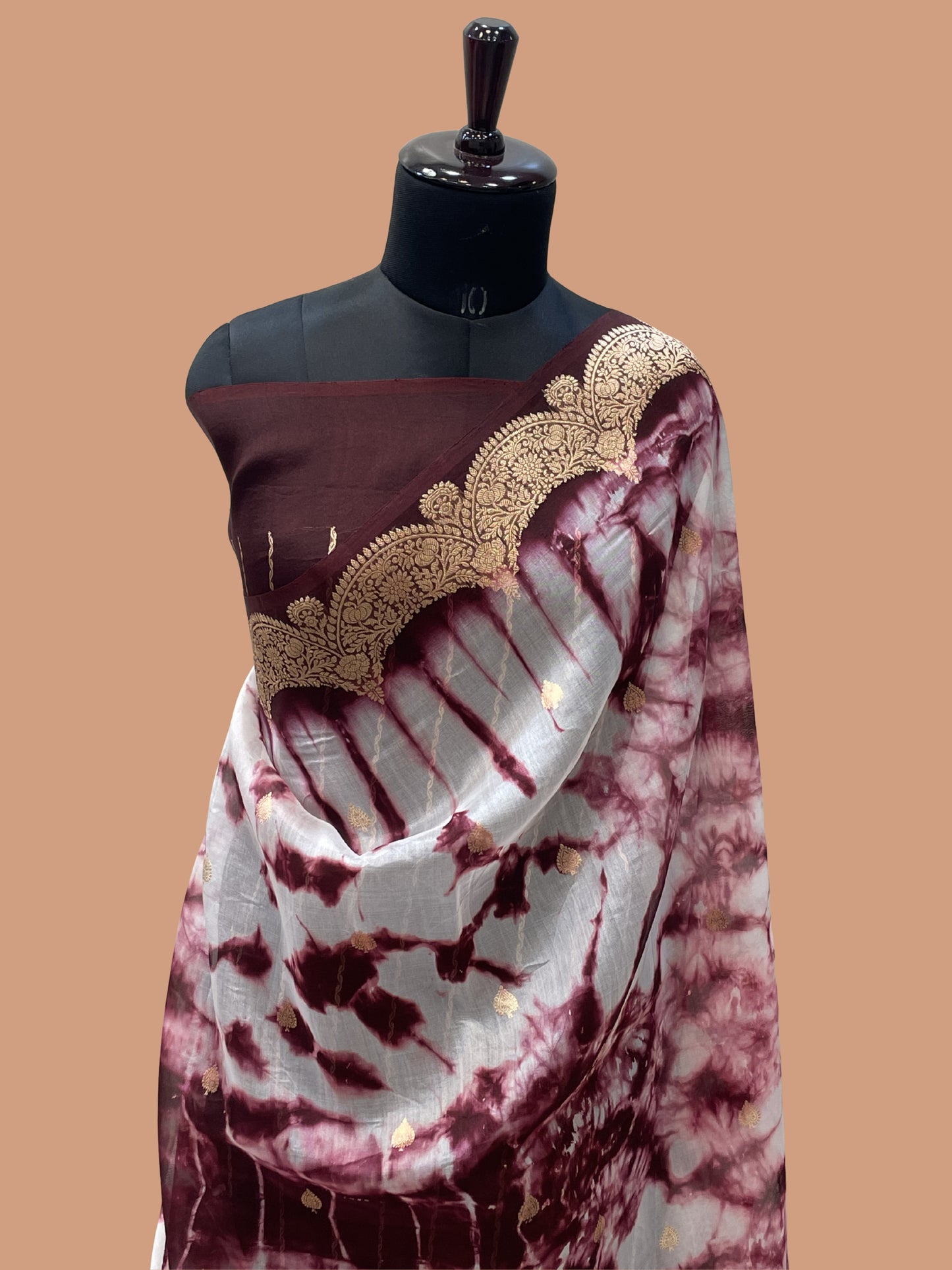 Wine Color Pure Organza Handloom Banarasi Saree with Japanese Shibori Dye