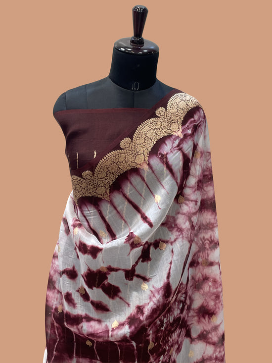 Wine Color Pure Organza Handloom Banarasi Saree with Japanese Shibori Dye