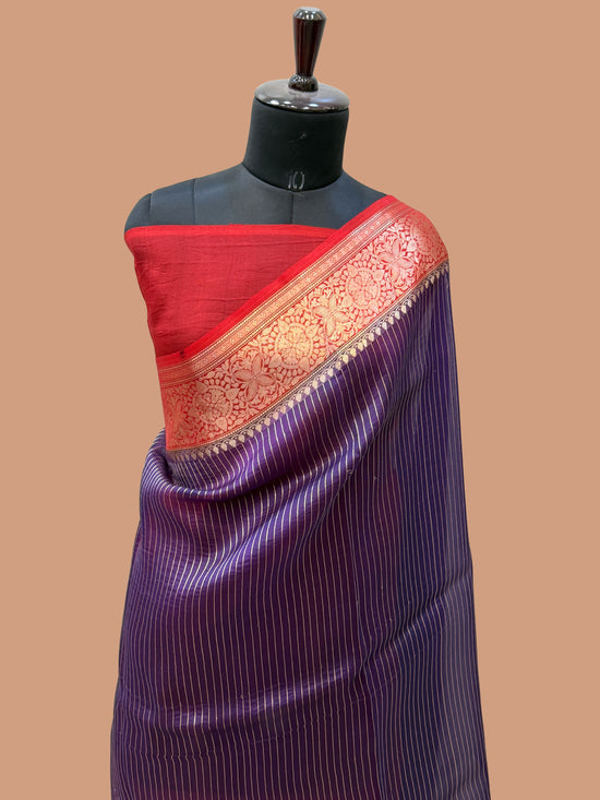 Purple Color Pure Organza Handloom Banarasi Saree - All Over Stripe Design