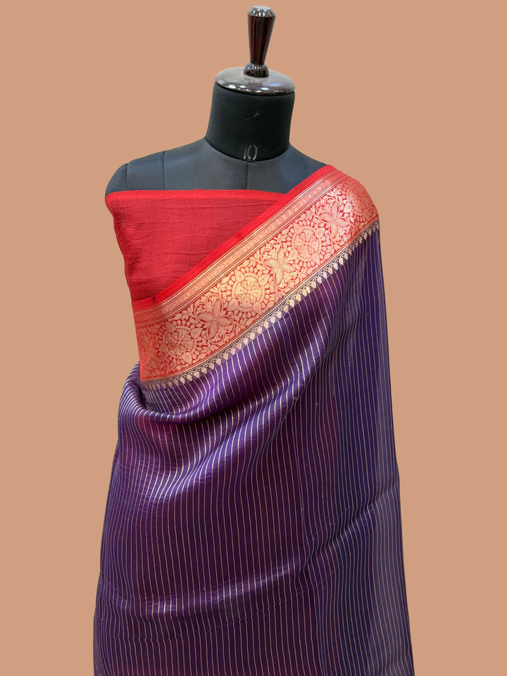 Purple Color Pure Organza Handloom Banarasi Saree - All Over Stripe Design