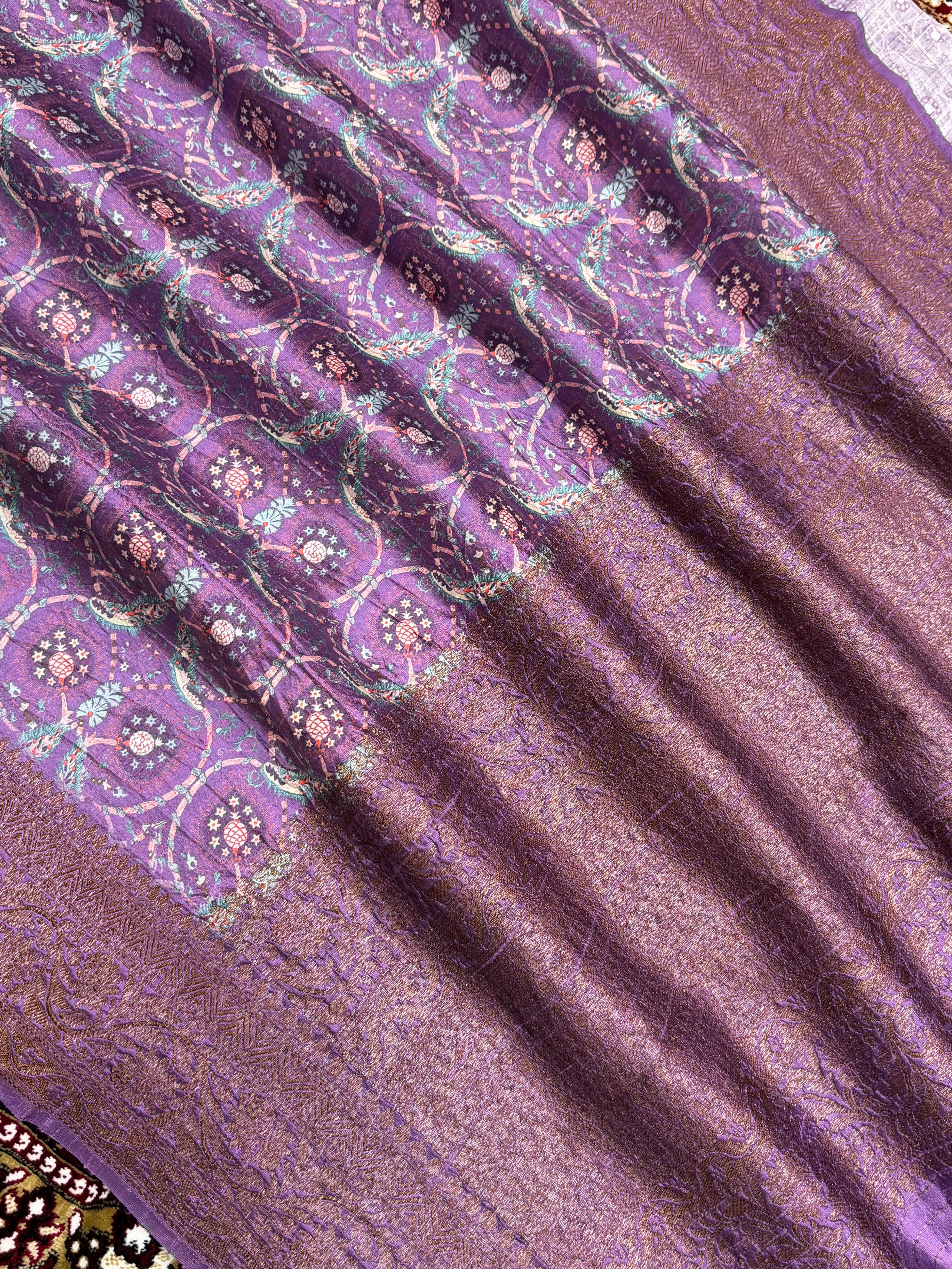 Dark Lovendor Color Pure Raw Silk Handloom Banarasi Saree with Digital Print