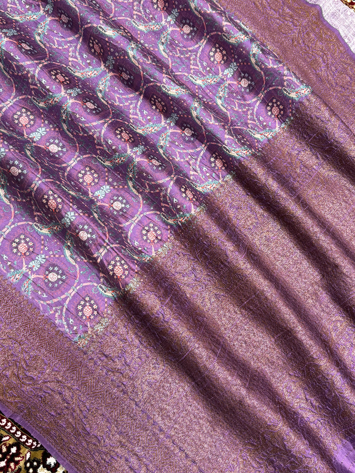 Dark Lovendor Color Pure Raw Silk Handloom Banarasi Saree with Digital Print