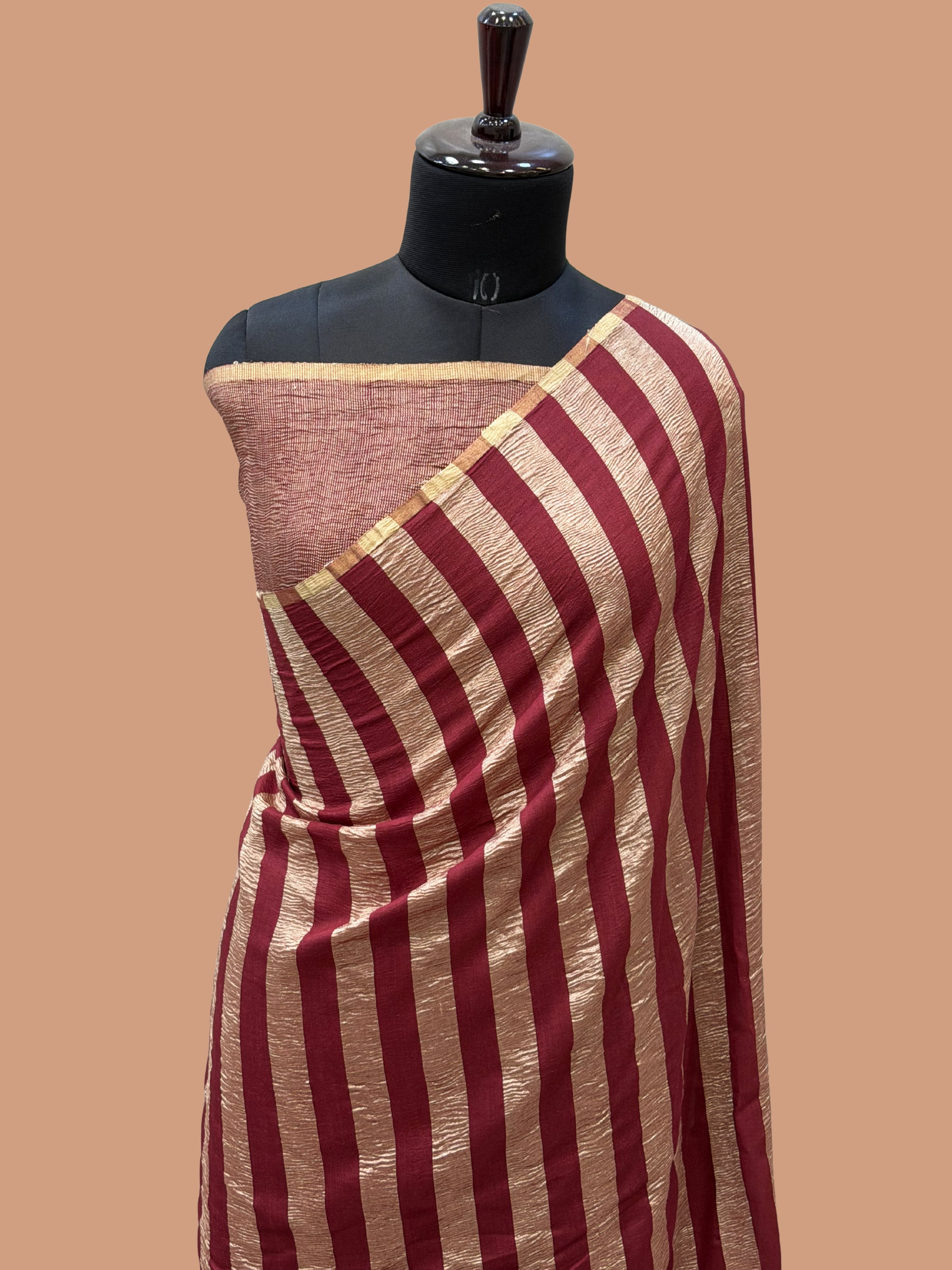 Maroon Color Chiniya Tissue  Silk Banarasi Saree with Stripe Design