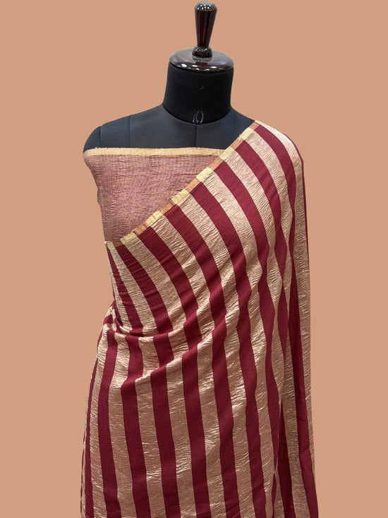 Maroon Color Chiniya Tissue  Silk Banarasi Saree with Stripe Design