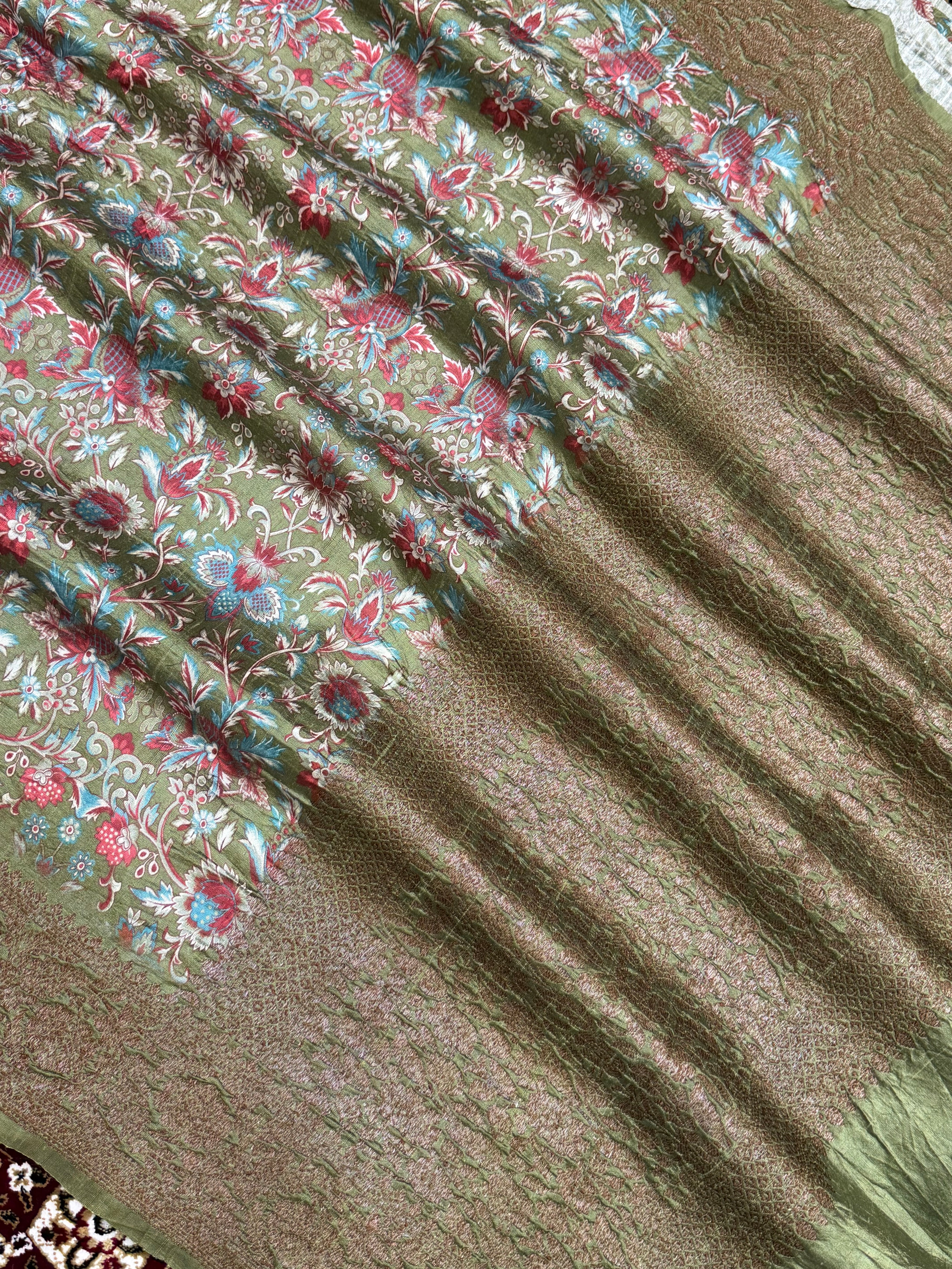 Pista Color Pure Raw Silk Handloom Banarasi Saree with Digital Print