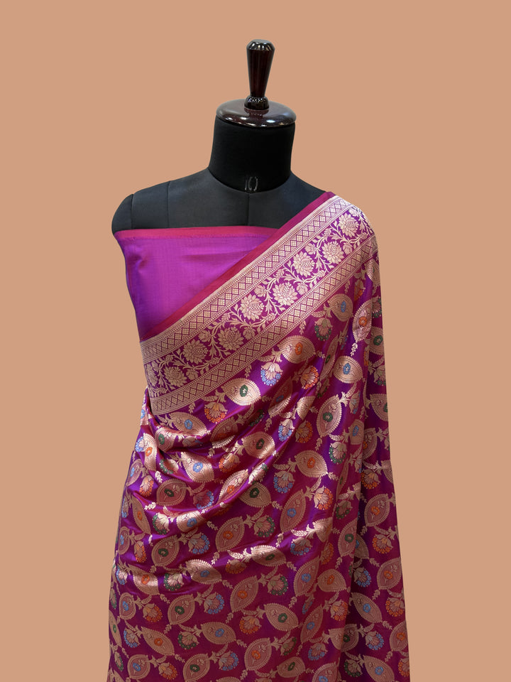 Rani Magenta Color Pure Silk Handloom Banarasi Sareee - All Over Leaf Jaal Work with Meenakari