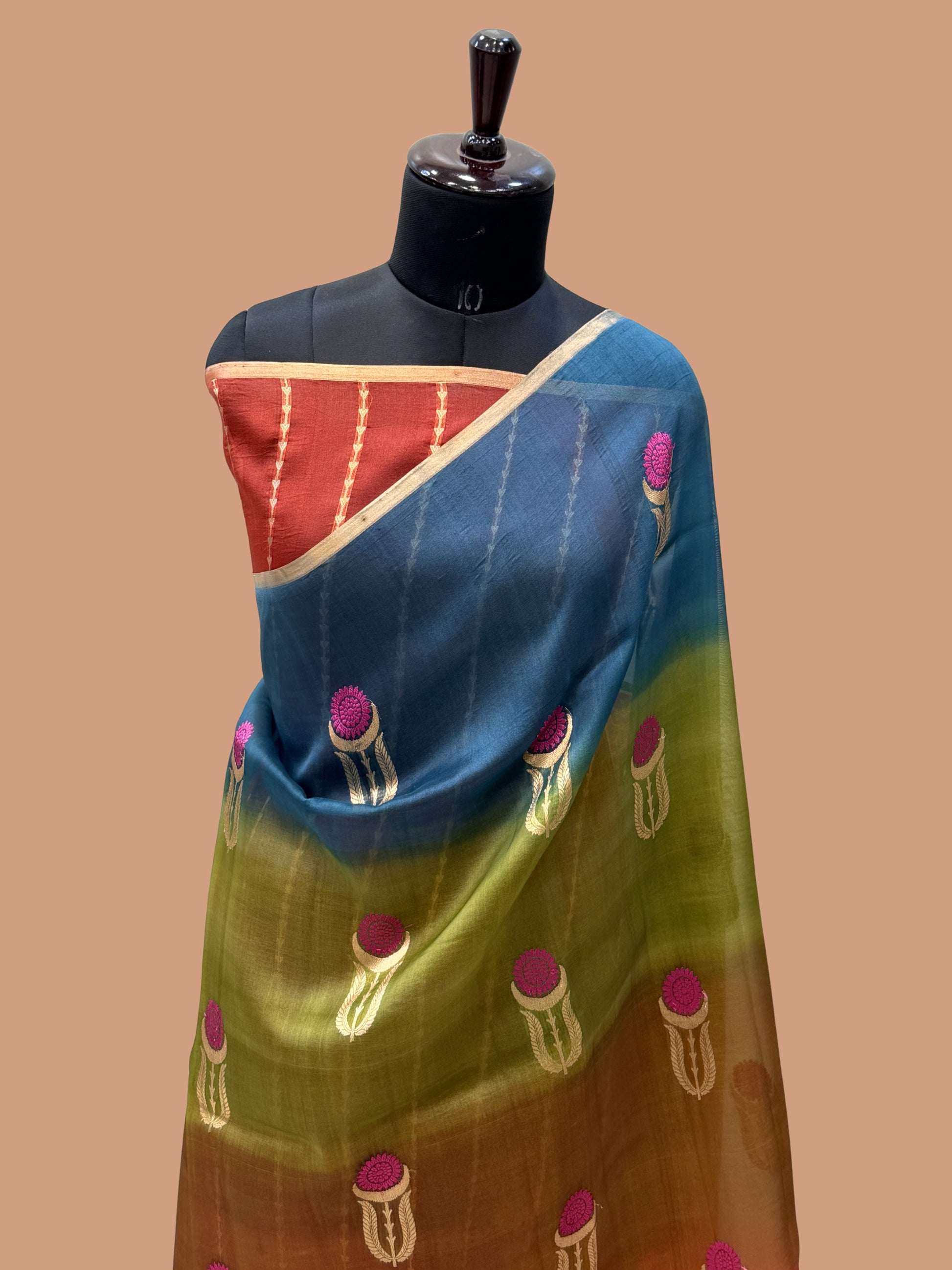 Multi Color Pure Kora Silk Handloom Banarasi Saree - All Over Buta Jaal Work