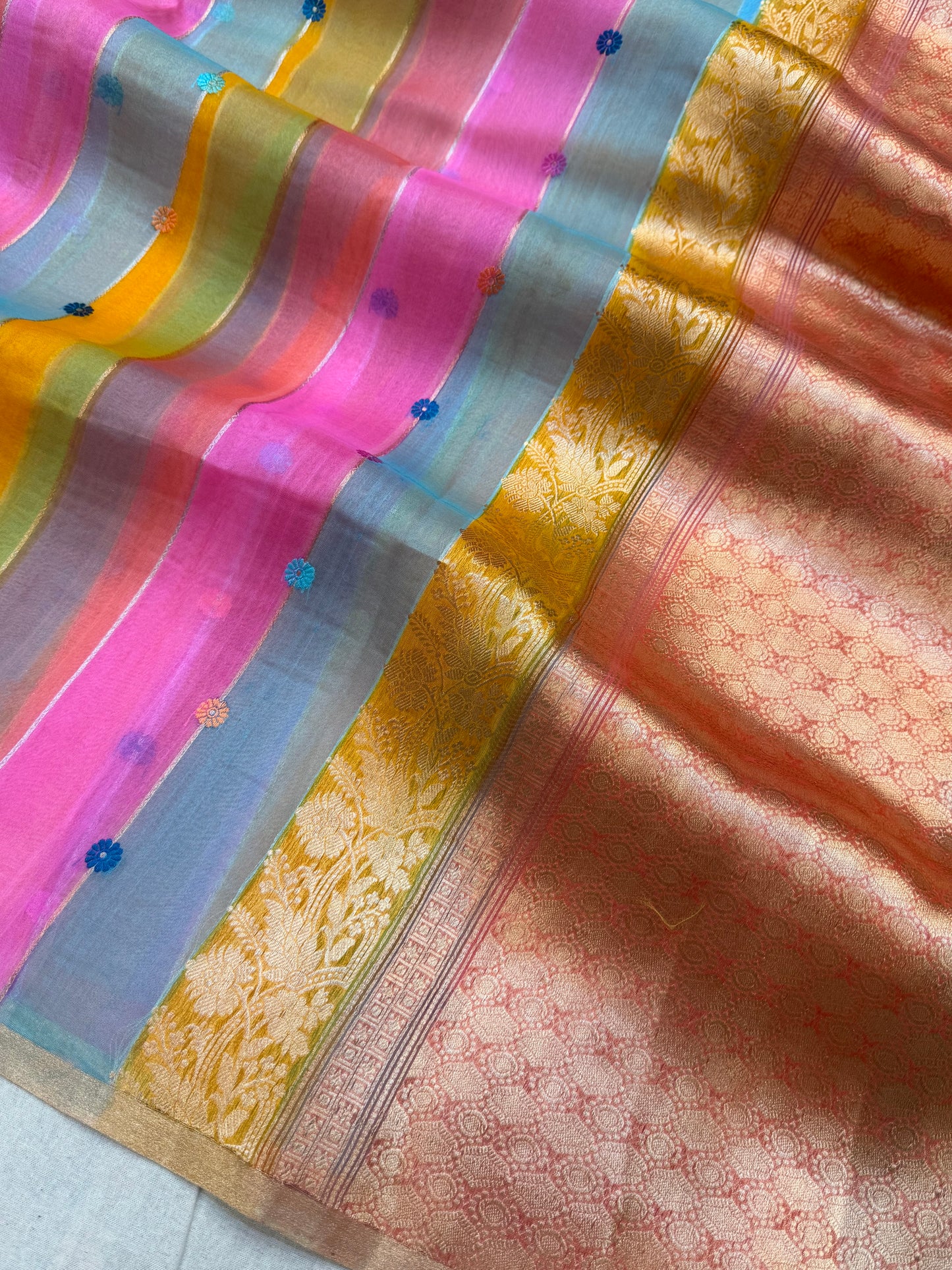 Multi Color Pure Kora Silk Handloom Banarasi Saree - All Over Buti Jaal Work