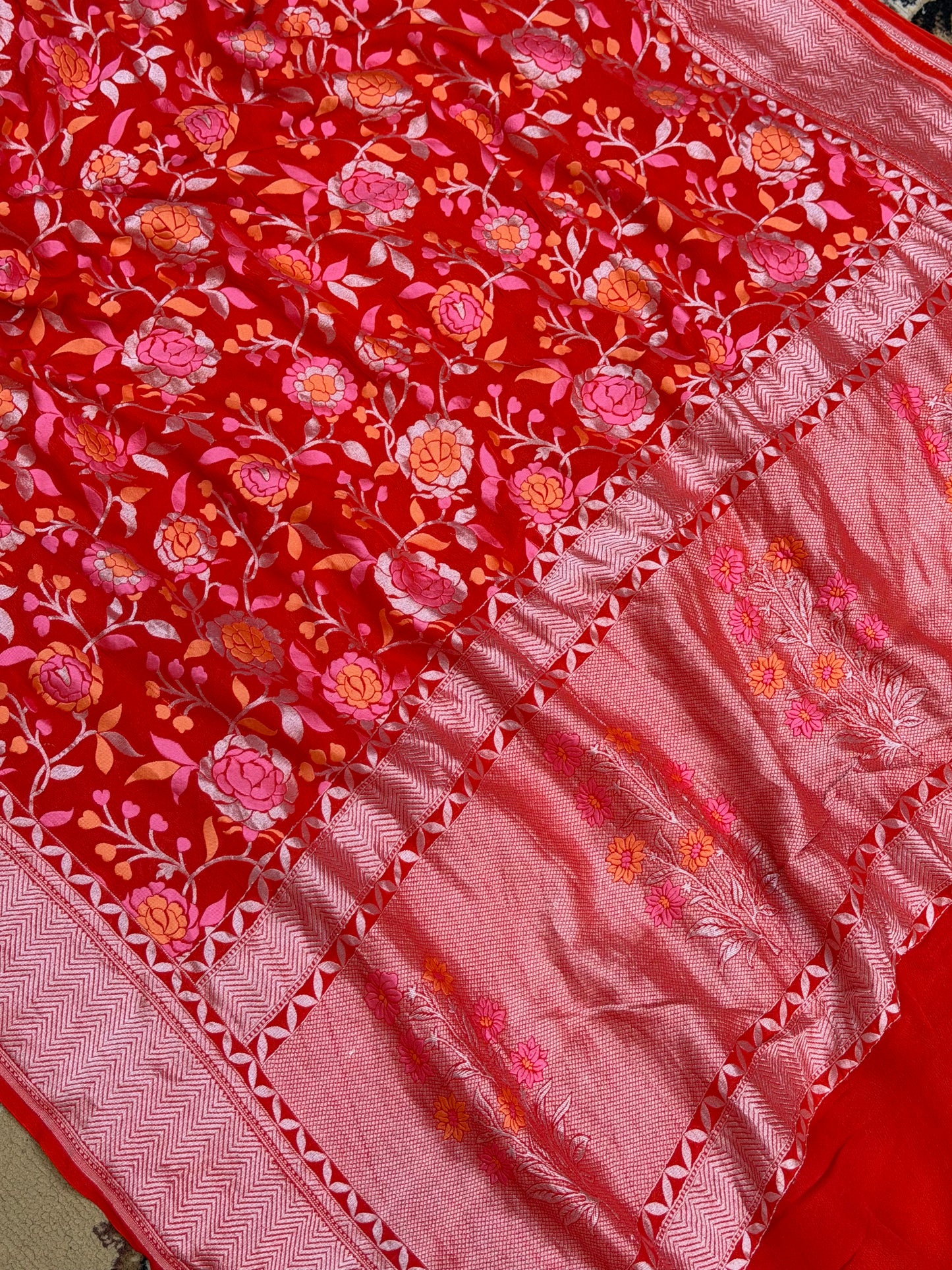 Orange Color Khaddi Georgette Banarasi Saree - All over jaal Work with Tilfi Meenakri