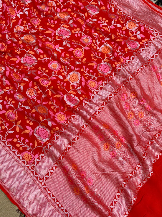 Orange Color Khaddi Georgette Banarasi Saree - All over jaal Work with Tilfi Meenakri