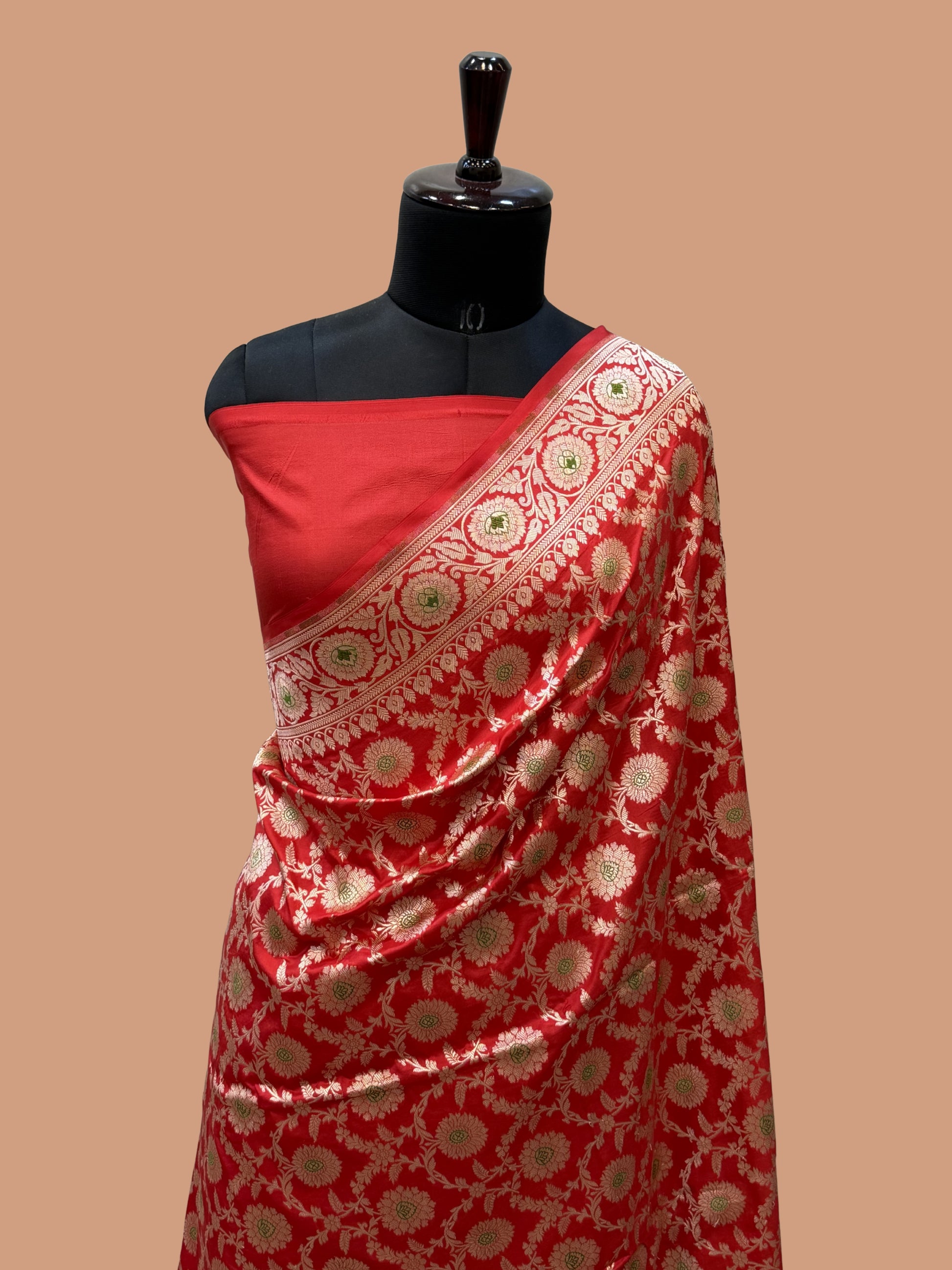 Red Color Pure Silk Handloom Banarasi Saree - All Over Jaal Work with Meenakari
