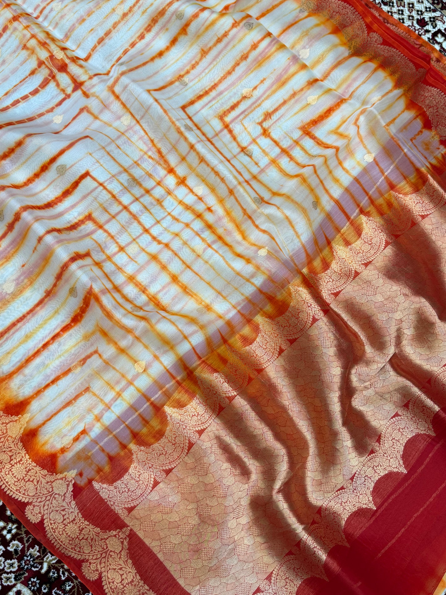 Fanta Color Pure Organza Handloom Banarasi Saree with Japanese Shibori Dye