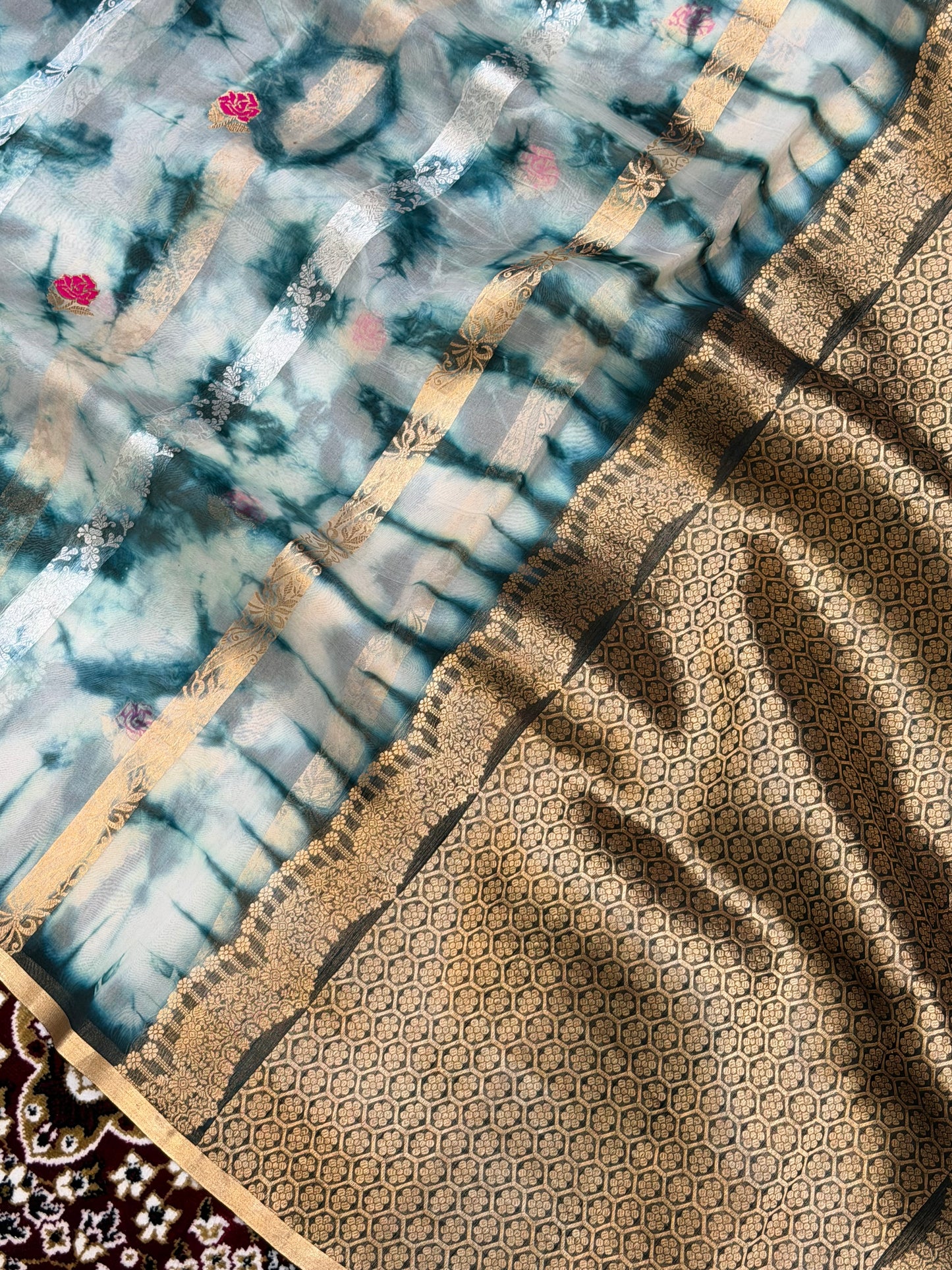 Teal Green Color Pure Organza Handloom Banarasi Saree with Japanese Shibori Dye