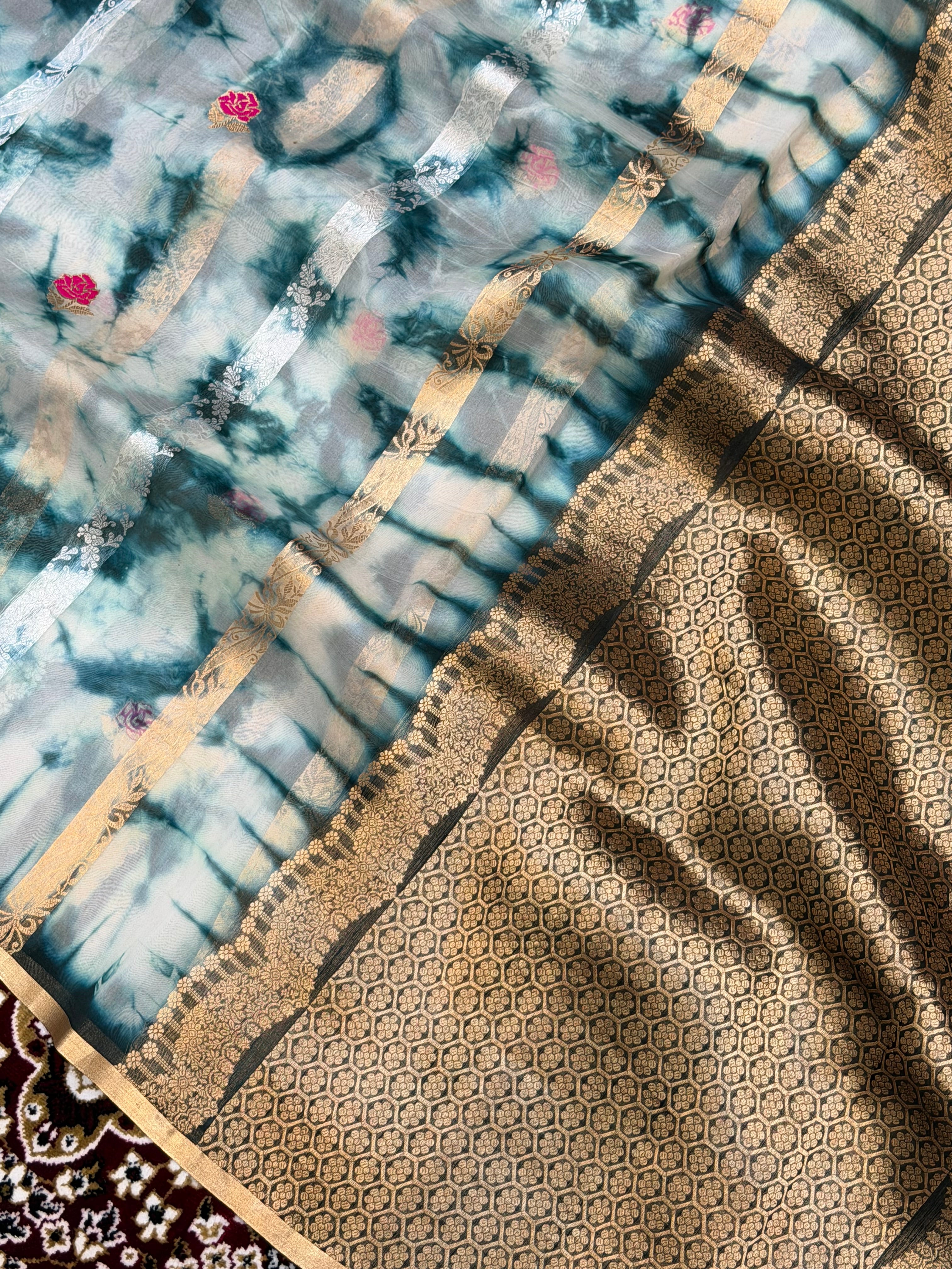 Teal Green Color Pure Organza Handloom Banarasi Saree with Japanese Shibori Dye