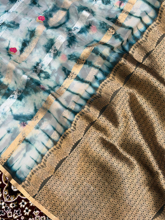 Teal Green Color Pure Organza Handloom Banarasi Saree with Japanese Shibori Dye